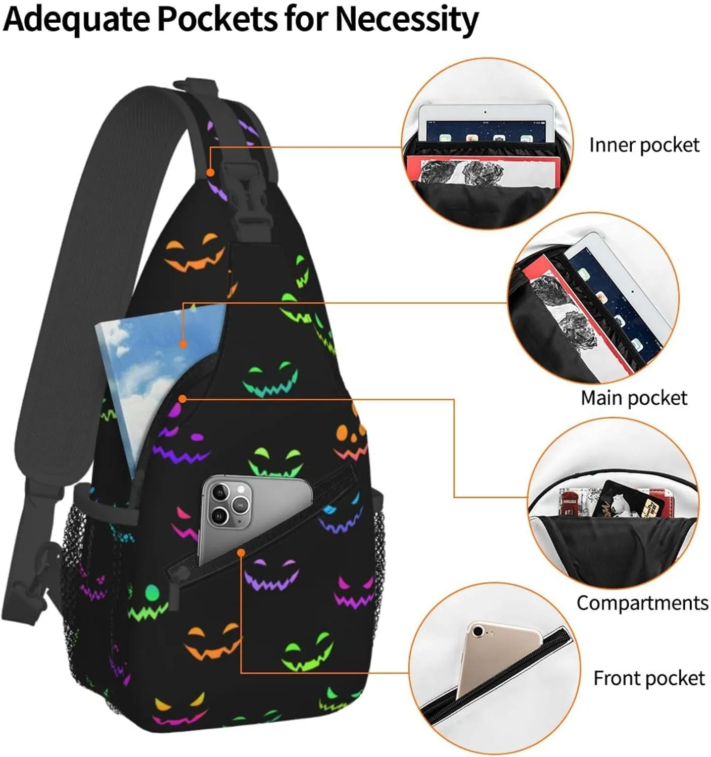 Bright Faces For Halloween Crossbody Sling Bag For Women Men Adjustable Lightweight Halloween Chest Bag Shoulder Bag Sling Backpack Casual Daypack For Sport Travel Hiking