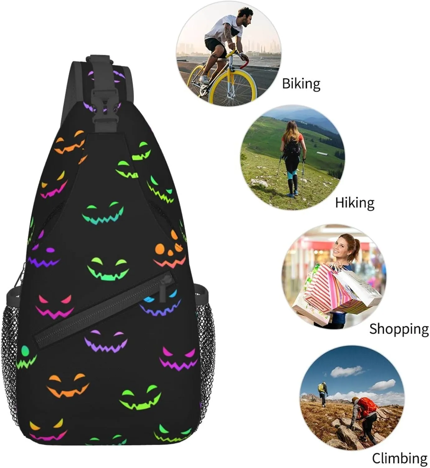 Bright Faces For Halloween Crossbody Sling Bag For Women Men Adjustable Lightweight Halloween Chest Bag Shoulder Bag Sling Backpack Casual Daypack For Sport Travel Hiking