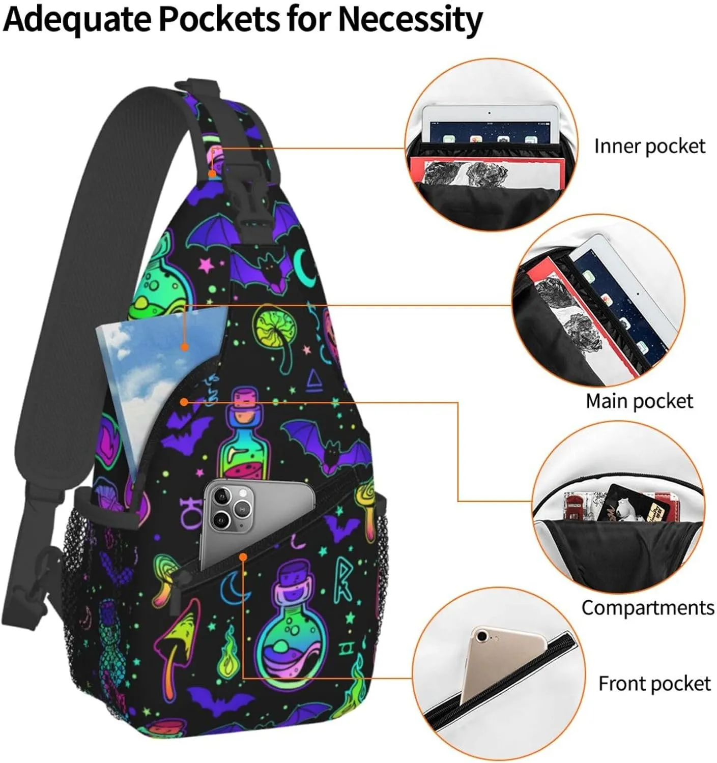Bright Magical Elements Crossbody Sling Bag For Women Men Adjustable Lightweight Chest Bag Shoulder Bag Sling Backpack Casual Daypack For Sport Travel Hiking