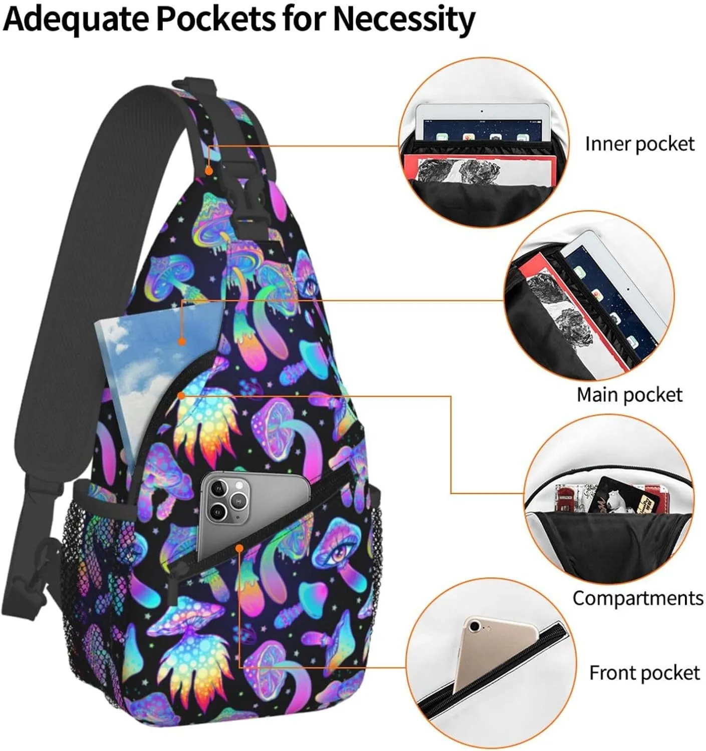 Bright Mushrooms Sling Bag For Women Men Fashion Print Backpack Crossbody Shoulder Bag Sling Backpack Chest Bag Travel Hiking Casual Sport Daypack
