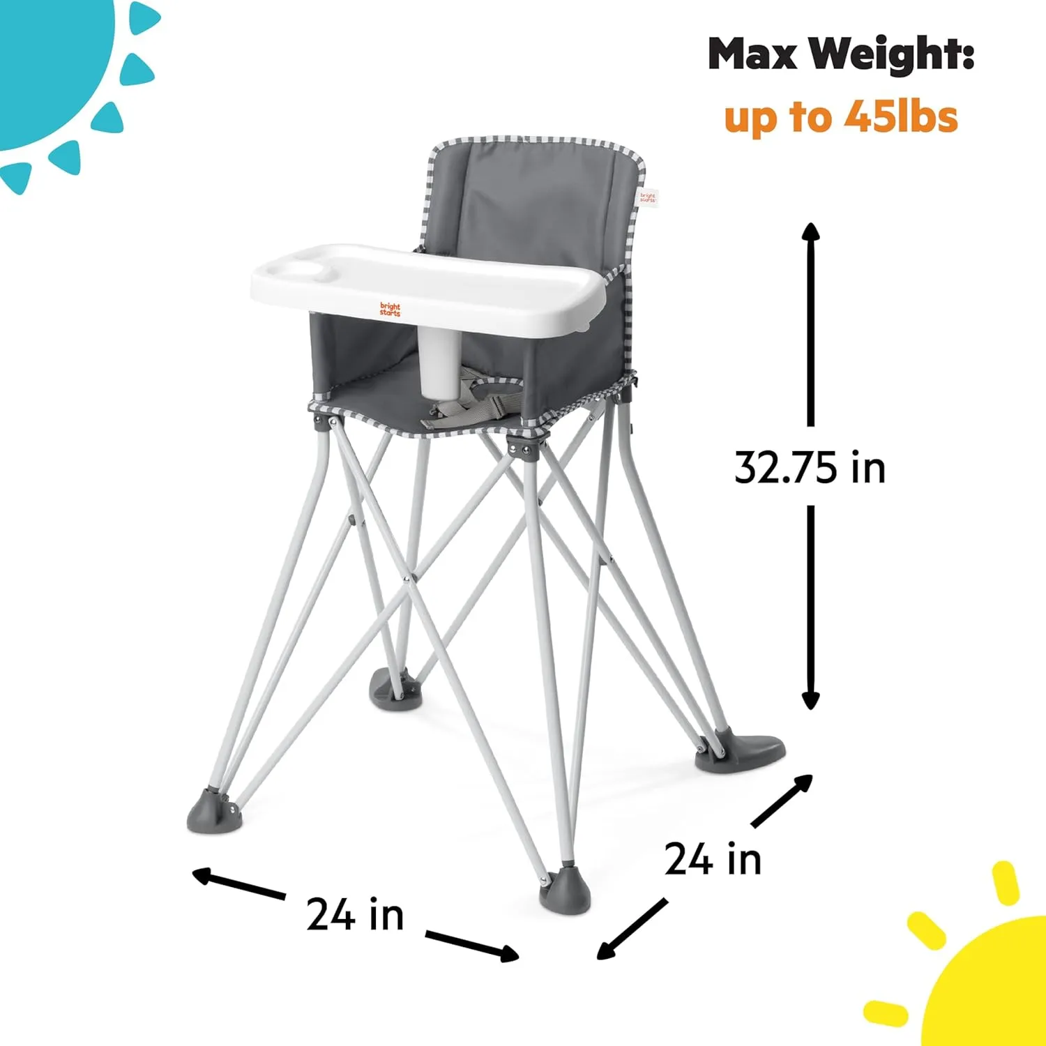 Bright Starts Pop 'N Dine Portable High Chair, Indoor/Outdoor, BPA Free Tray, Easy to Fold, Unisex, Grey, 6 Months  