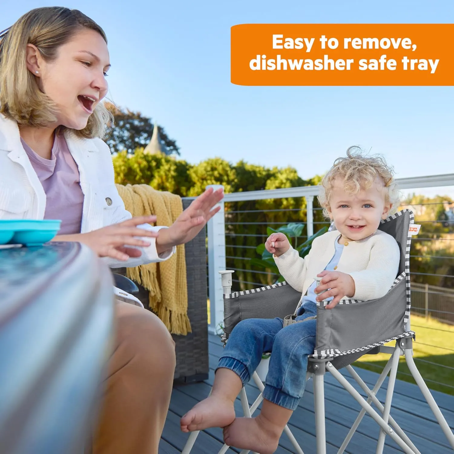 Bright Starts Pop 'N Dine Portable High Chair, Indoor/Outdoor, BPA Free Tray, Easy to Fold, Unisex, Grey, 6 Months  