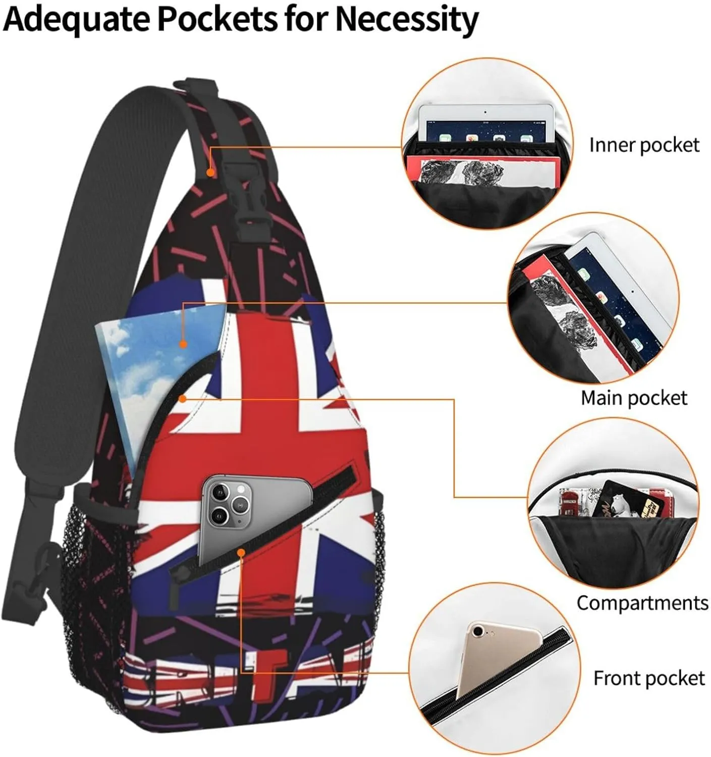 Britain British Uk Crossbody Backpack Chest Shoulder Bag Lightweight One Strap Travel Hiking Daypack