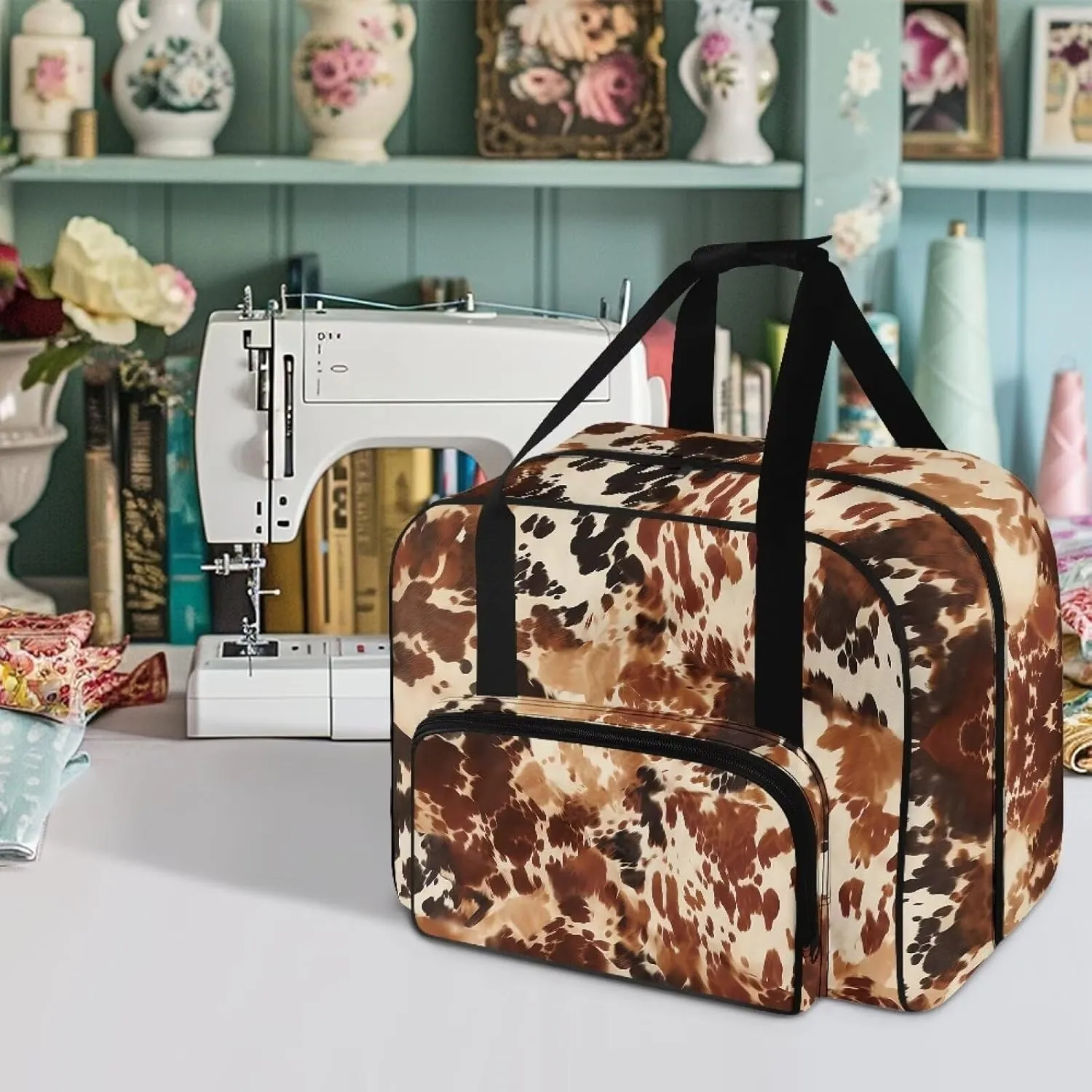 Brown Cow Hide Print Sewing Machine Tote Bag Portable Carrying Case Fit Most Standard Sewing Machine and Supplies