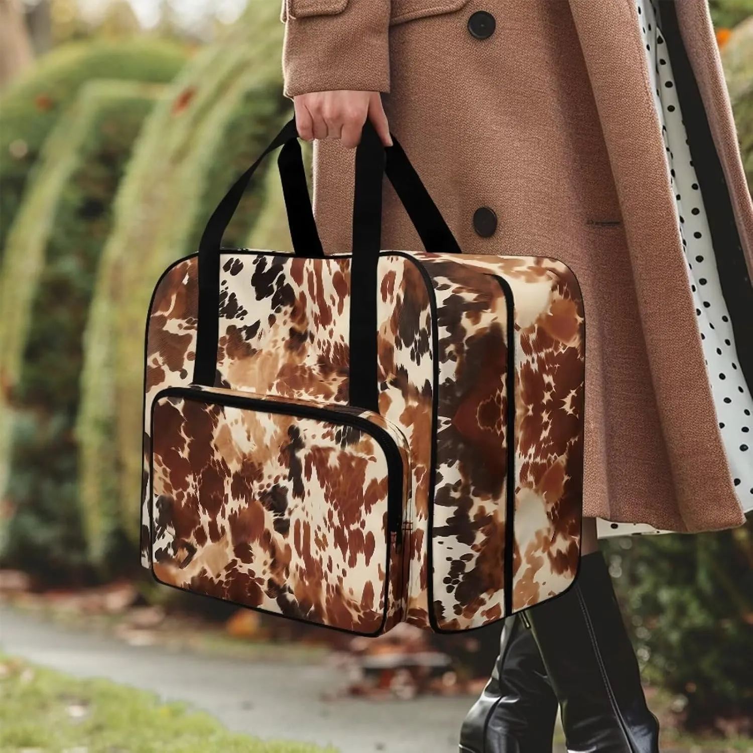 Brown Cow Hide Print Sewing Machine Tote Bag Portable Carrying Case Fit Most Standard Sewing Machine and Supplies