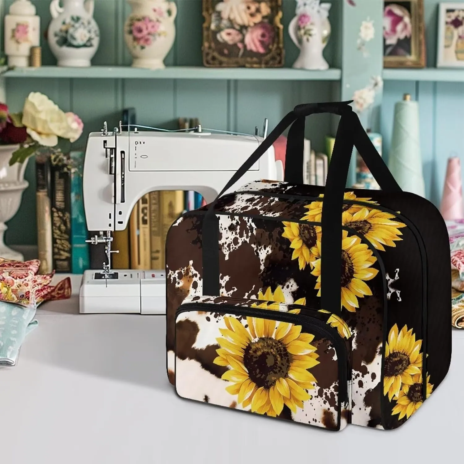 Brown Cow Sunflower Sewing Machine Carrying Case Portable Tote Bag Heavy Padded Sewing Machine Dust Cover Handbag for Sewing Machines