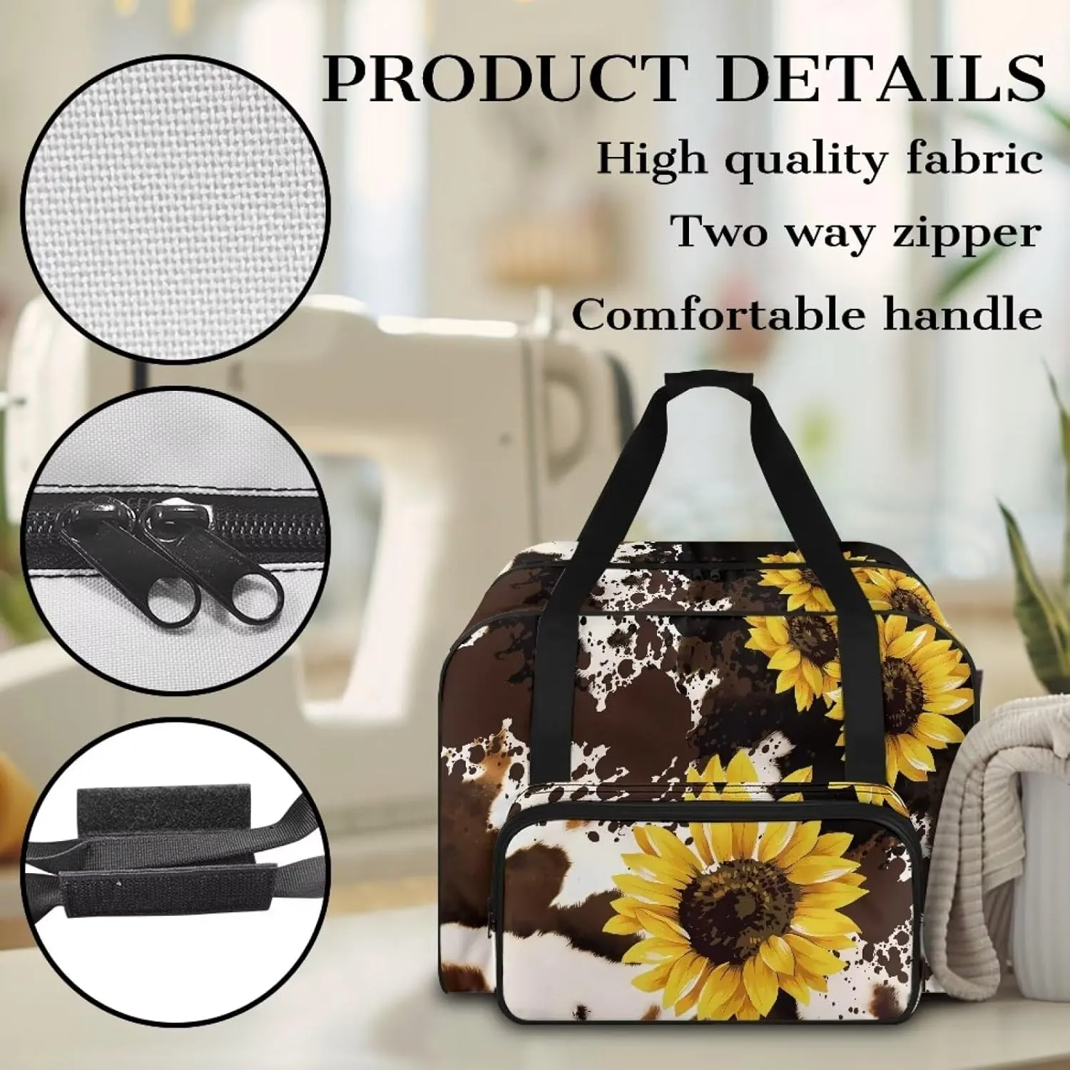 Brown Cow Sunflower Sewing Machine Carrying Case Portable Tote Bag Heavy Padded Sewing Machine Dust Cover Handbag for Sewing Machines