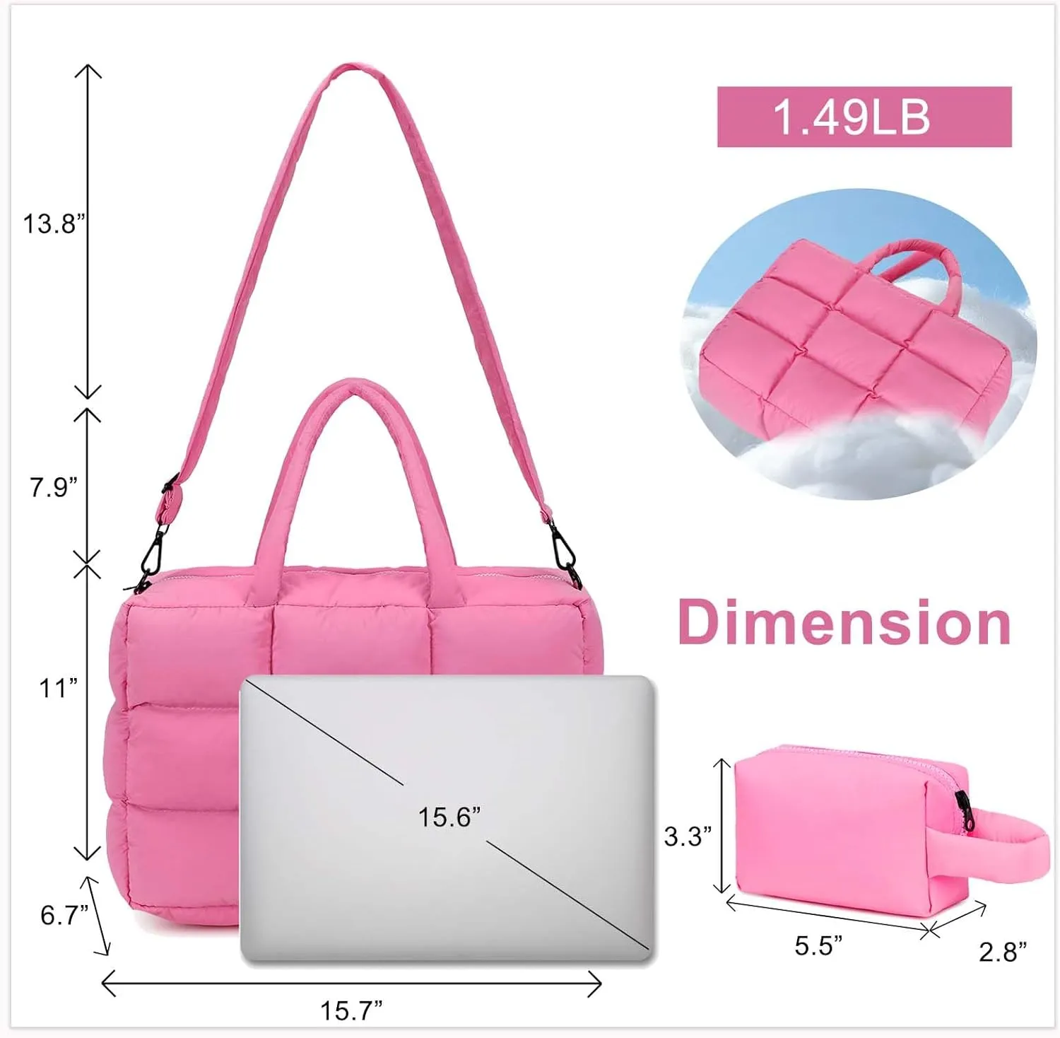BTOOP Puffer Tote for Women, Large Quilted Puffy Bag with Zipper, Lightweight Cute Bag for Work Travel Shop Gym