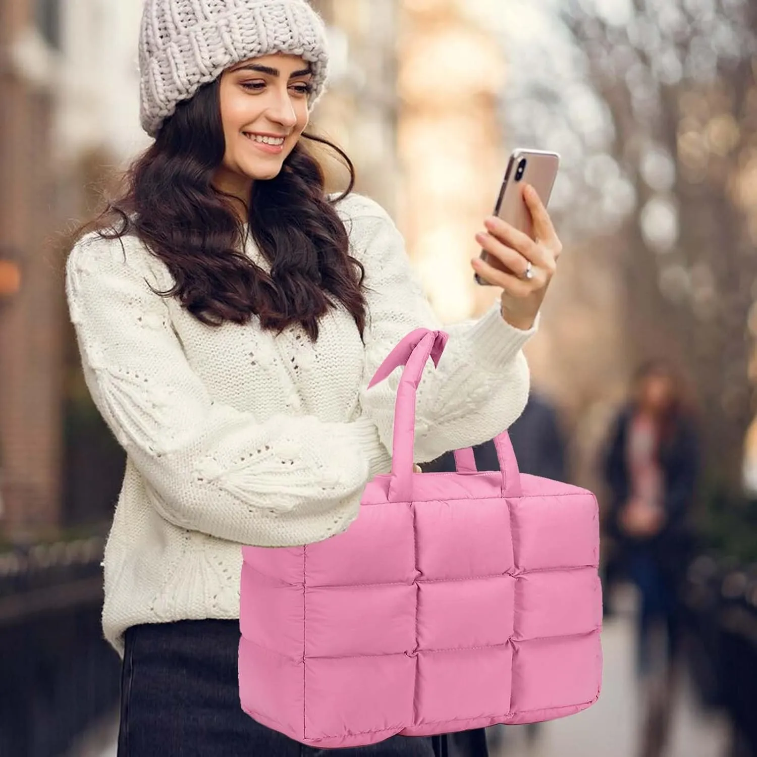 BTOOP Puffer Tote for Women, Large Quilted Puffy Bag with Zipper, Lightweight Cute Bag for Work Travel Shop Gym