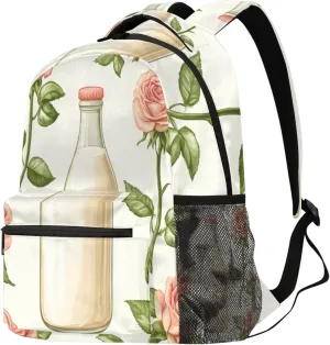Budxapjw Milk Drinks Travel Laptop Backpack for Women Men Rose Flower Waterproof Bag with Adjustable Padded Shoulder Straps for Business Work Travel Hiking Camping
