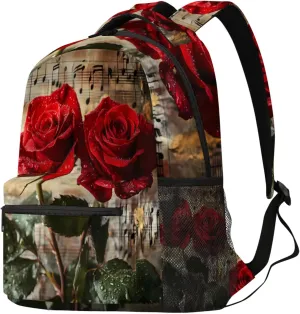 Budxapjw Music Symbols Travel Laptop Backpack for Women Men Rose Flower Waterproof Bag with Adjustable Padded Shoulder Straps for Business Work Travel Hiking Camping