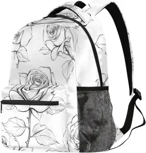 Budxapjw Sketch Rose Travel Laptop Backpack for Women Men Rose Pattern Waterproof Bag with Adjustable Padded Shoulder Straps for Business Work Travel Hiking Camping