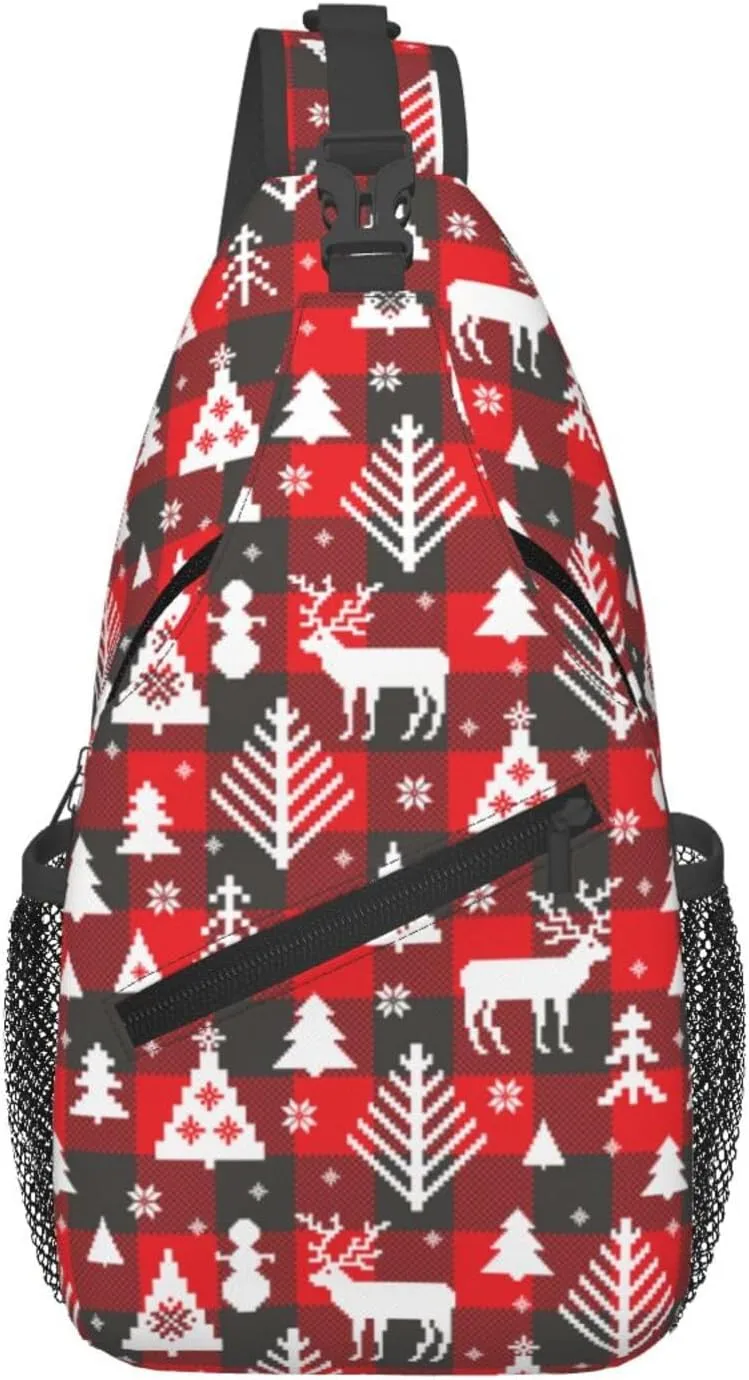 Buffalo Plaid Merry Christmas Crossbody Sling Bag For Women Men Adjustable Christmas Chest Bag Shoulder Bag Sling Backpack Merry Xmas Daypack For Sport Travel Hiking