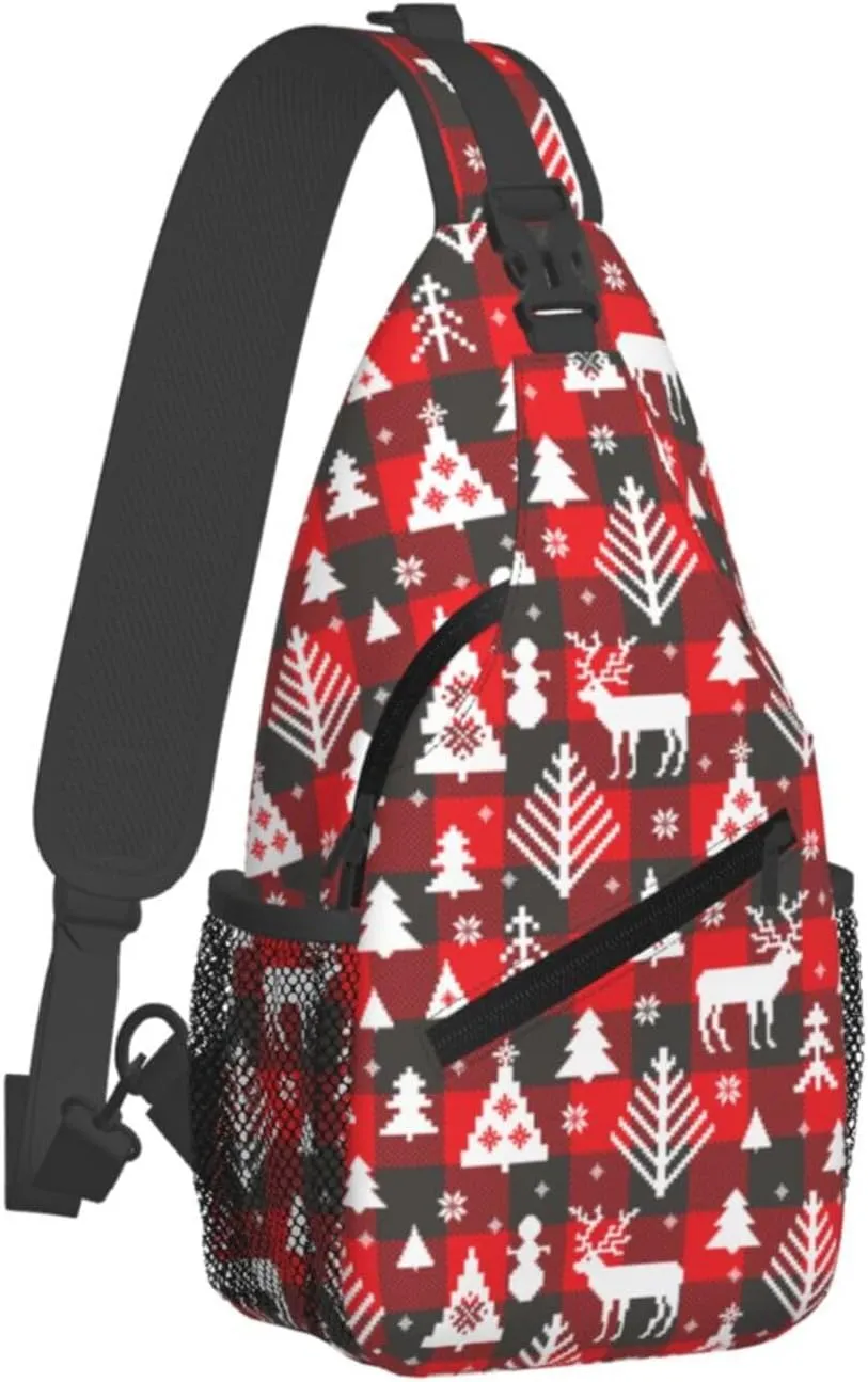 Buffalo Plaid Merry Christmas Crossbody Sling Bag For Women Men Adjustable Christmas Chest Bag Shoulder Bag Sling Backpack Merry Xmas Daypack For Sport Travel Hiking