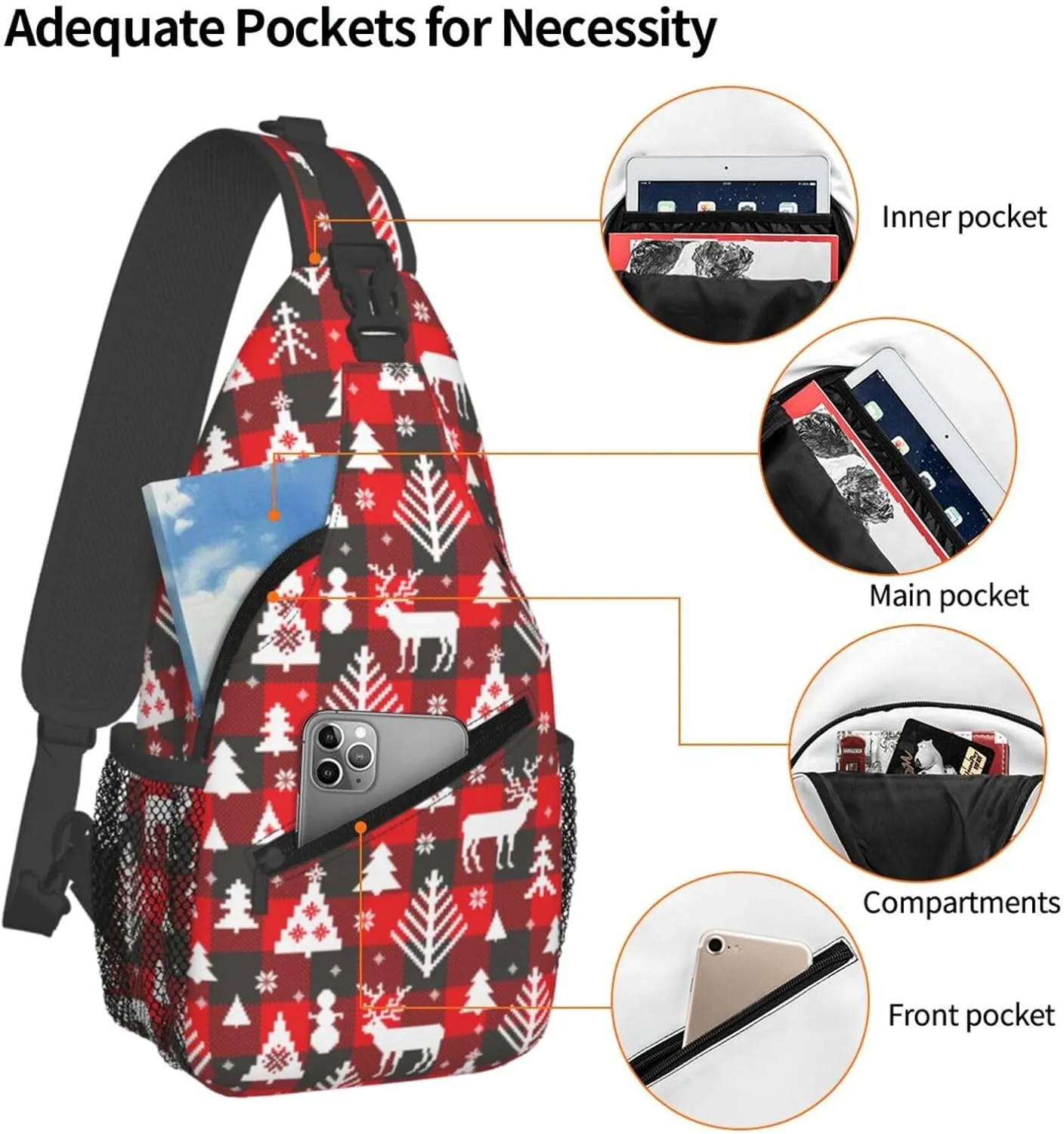 Buffalo Plaid Merry Christmas Crossbody Sling Bag For Women Men Adjustable Christmas Chest Bag Shoulder Bag Sling Backpack Merry Xmas Daypack For Sport Travel Hiking