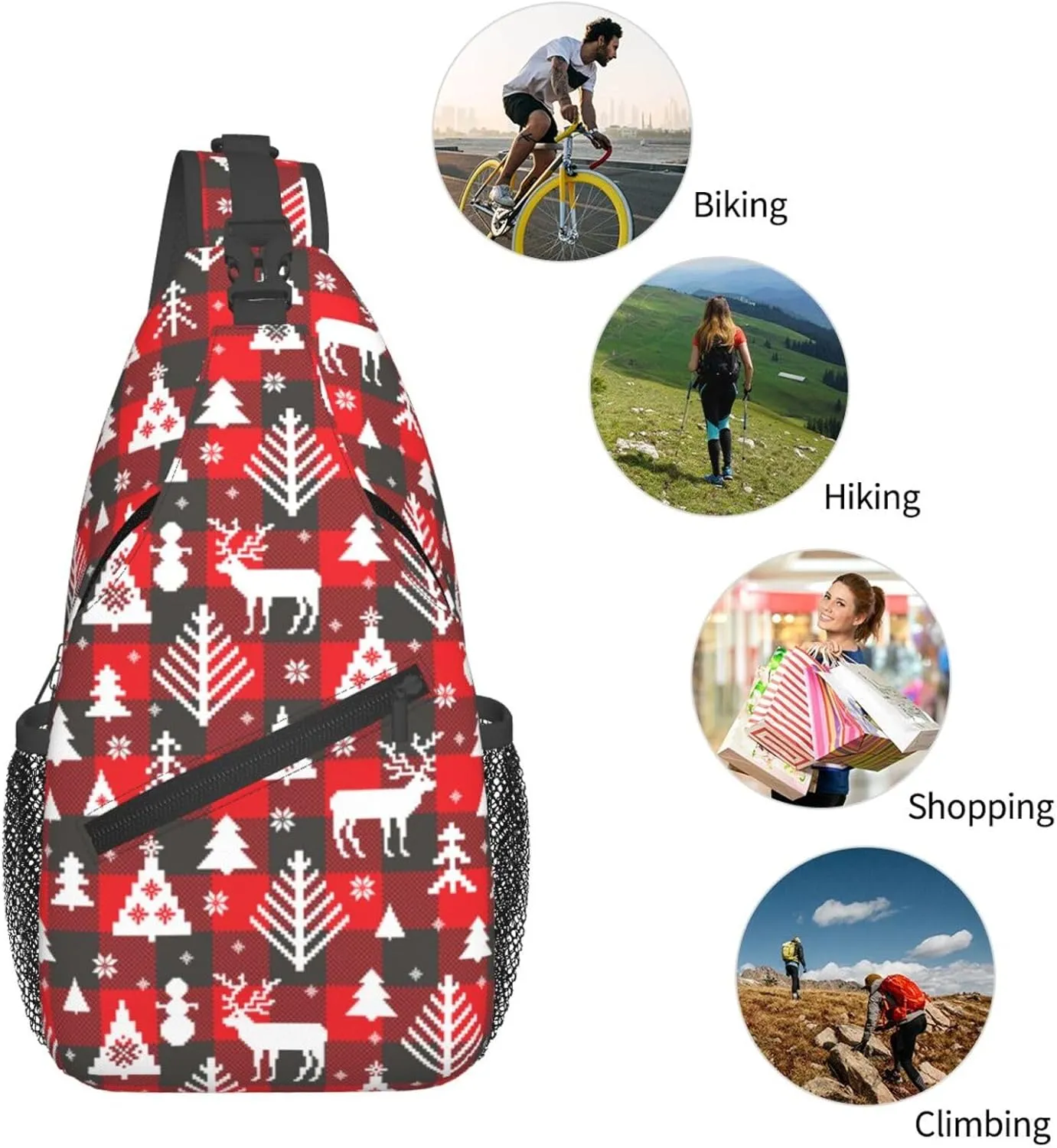 Buffalo Plaid Merry Christmas Crossbody Sling Bag For Women Men Adjustable Christmas Chest Bag Shoulder Bag Sling Backpack Merry Xmas Daypack For Sport Travel Hiking