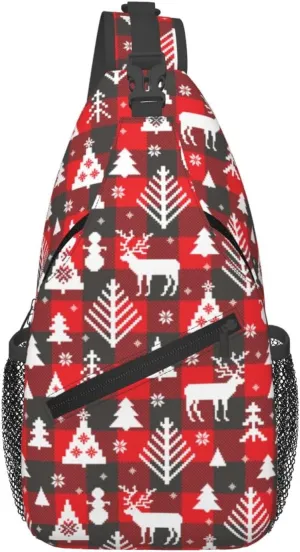 Buffalo Plaid Merry Christmas Crossbody Sling Bag For Women Men Adjustable Christmas Chest Bag Shoulder Bag Sling Backpack Merry Xmas Daypack For Sport Travel Hiking