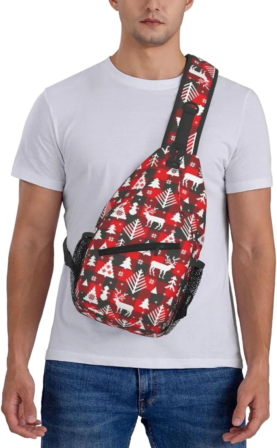 Buffalo Plaid Merry Christmas Crossbody Sling Bag For Women Men Adjustable Christmas Chest Bag Shoulder Bag Sling Backpack Merry Xmas Daypack For Sport Travel Hiking