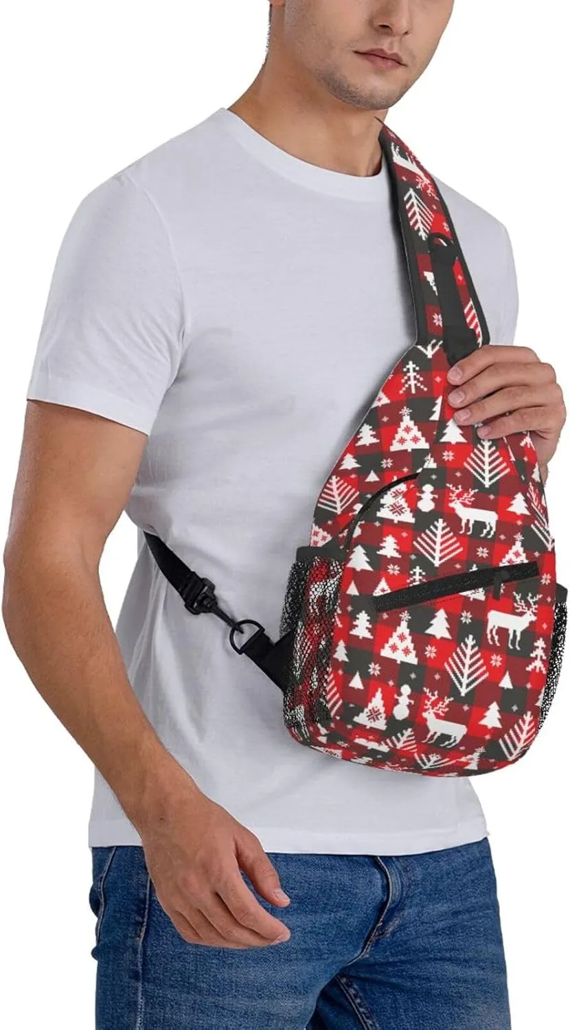 Buffalo Plaid Merry Christmas Crossbody Sling Bag For Women Men Adjustable Christmas Chest Bag Shoulder Bag Sling Backpack Merry Xmas Daypack For Sport Travel Hiking