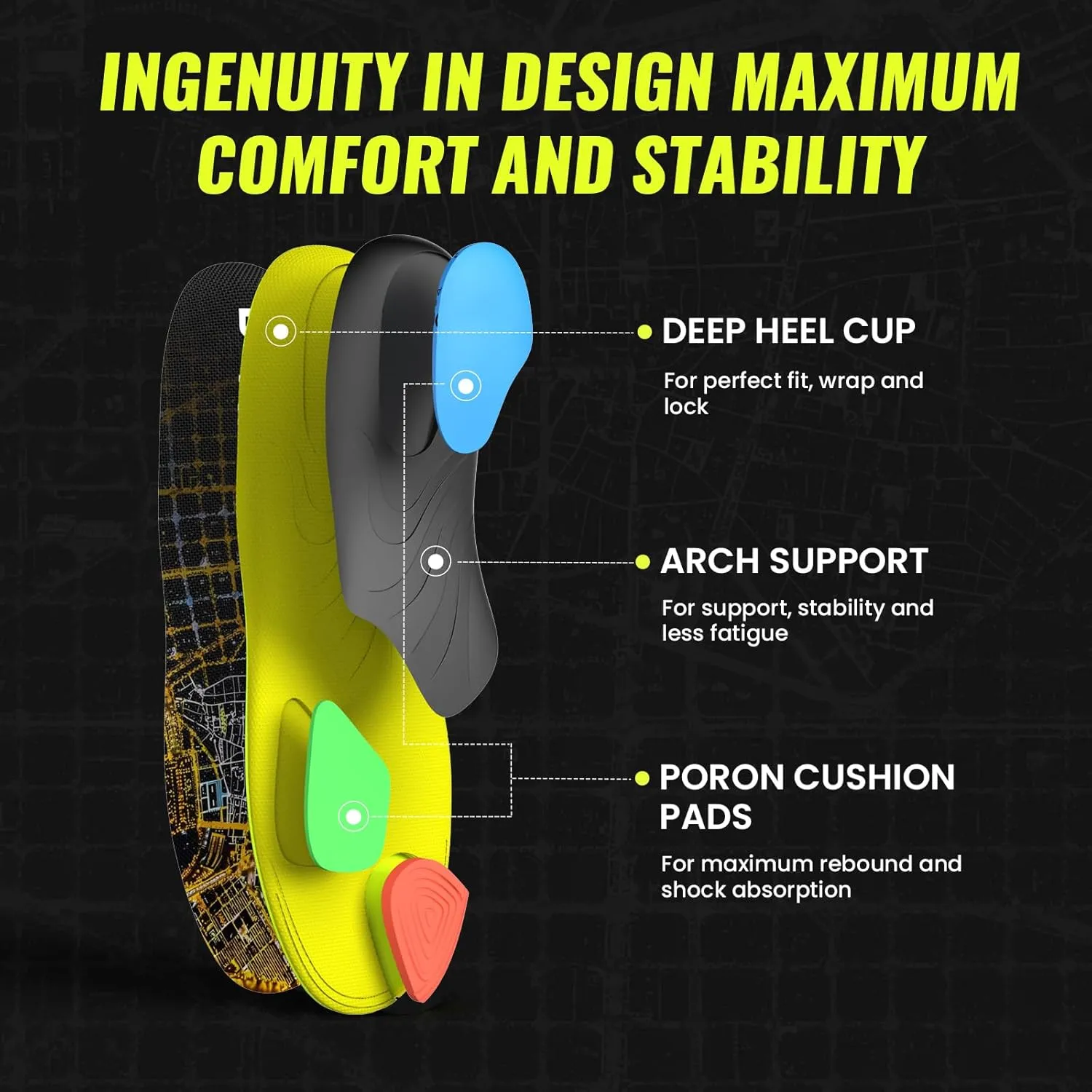 Bukihome Sport Insoles for Men Women - Arch Support Orthotics Inserts - Shock Absorption and Cushioning for Running Walking - Comfortable Insole for Standing All Day - FSA/HSA Eligible (Black, M)