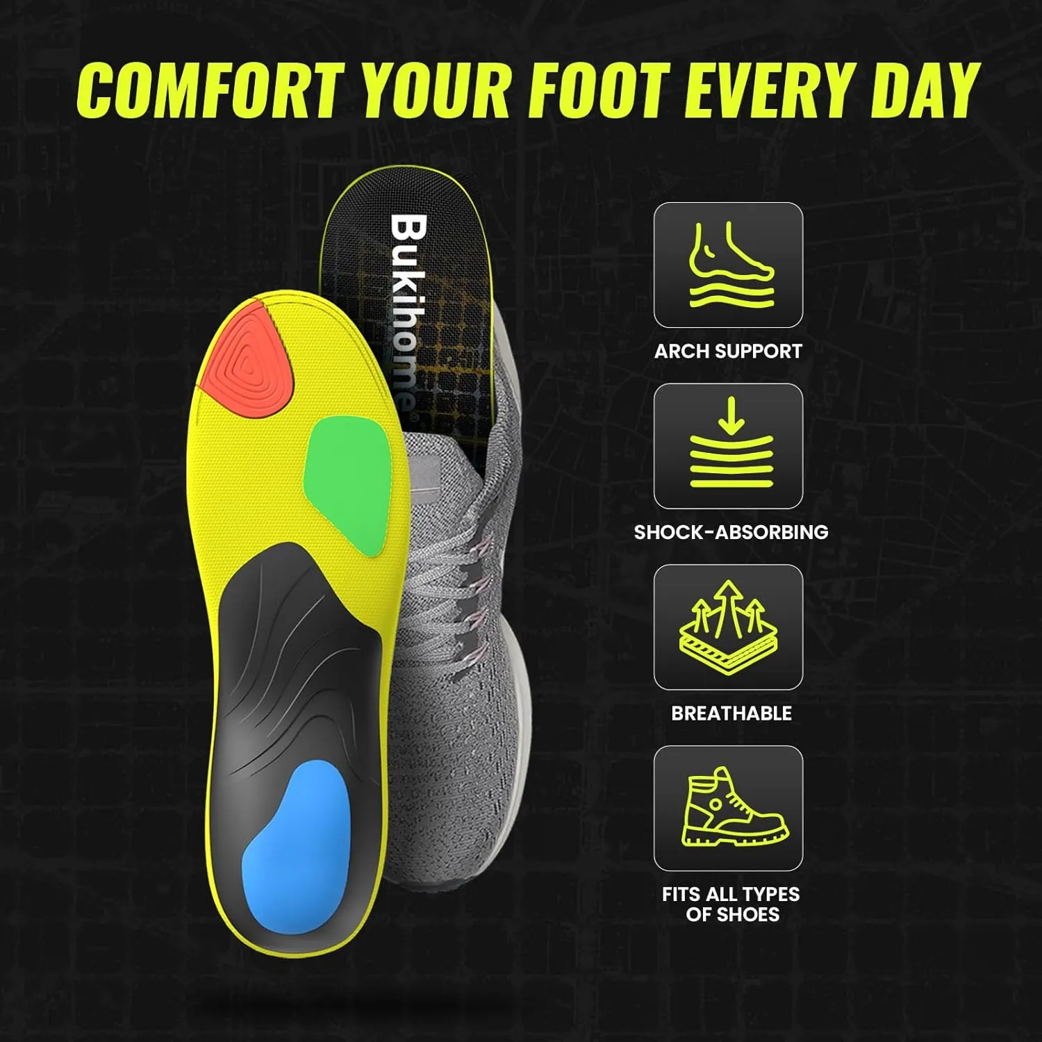 Bukihome Sport Insoles for Men Women - Arch Support Orthotics Inserts - Shock Absorption and Cushioning for Running Walking - Comfortable Insole for Standing All Day - FSA/HSA Eligible (Black, M)