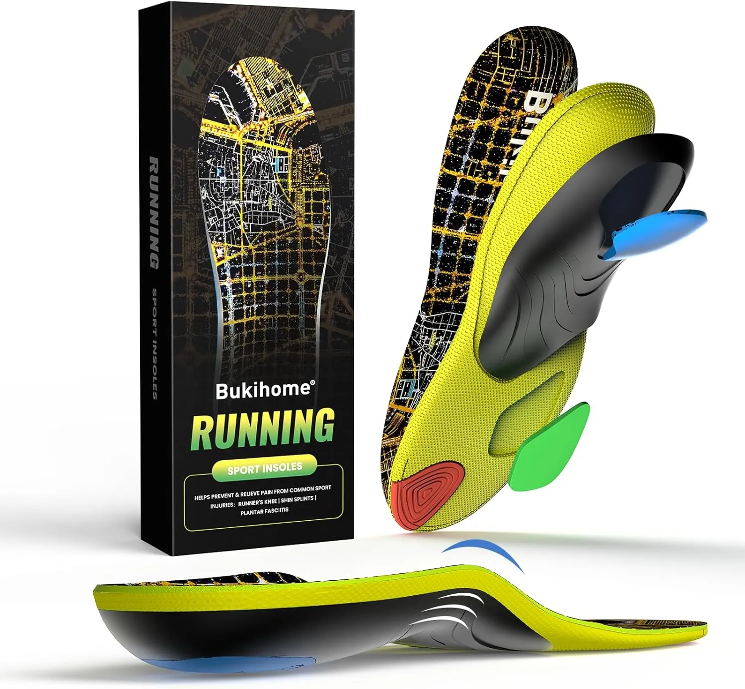 Bukihome Sport Insoles for Men Women - Arch Support Orthotics Inserts - Shock Absorption and Cushioning for Running Walking - Comfortable Insole for Standing All Day - FSA/HSA Eligible (Black, M)