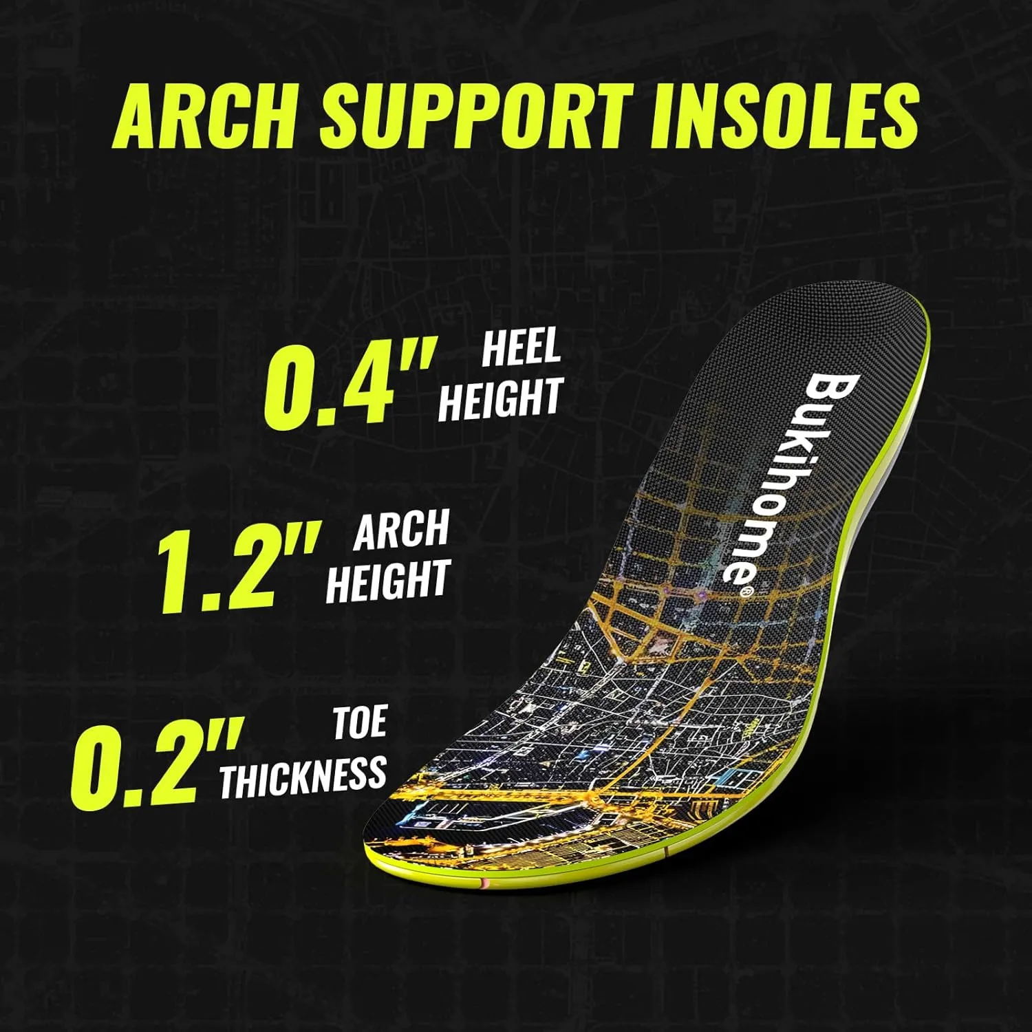 Bukihome Sport Insoles for Men Women - Arch Support Orthotics Inserts - Shock Absorption and Cushioning for Running Walking - Comfortable Insole for Standing All Day - FSA/HSA Eligible (Black, M)