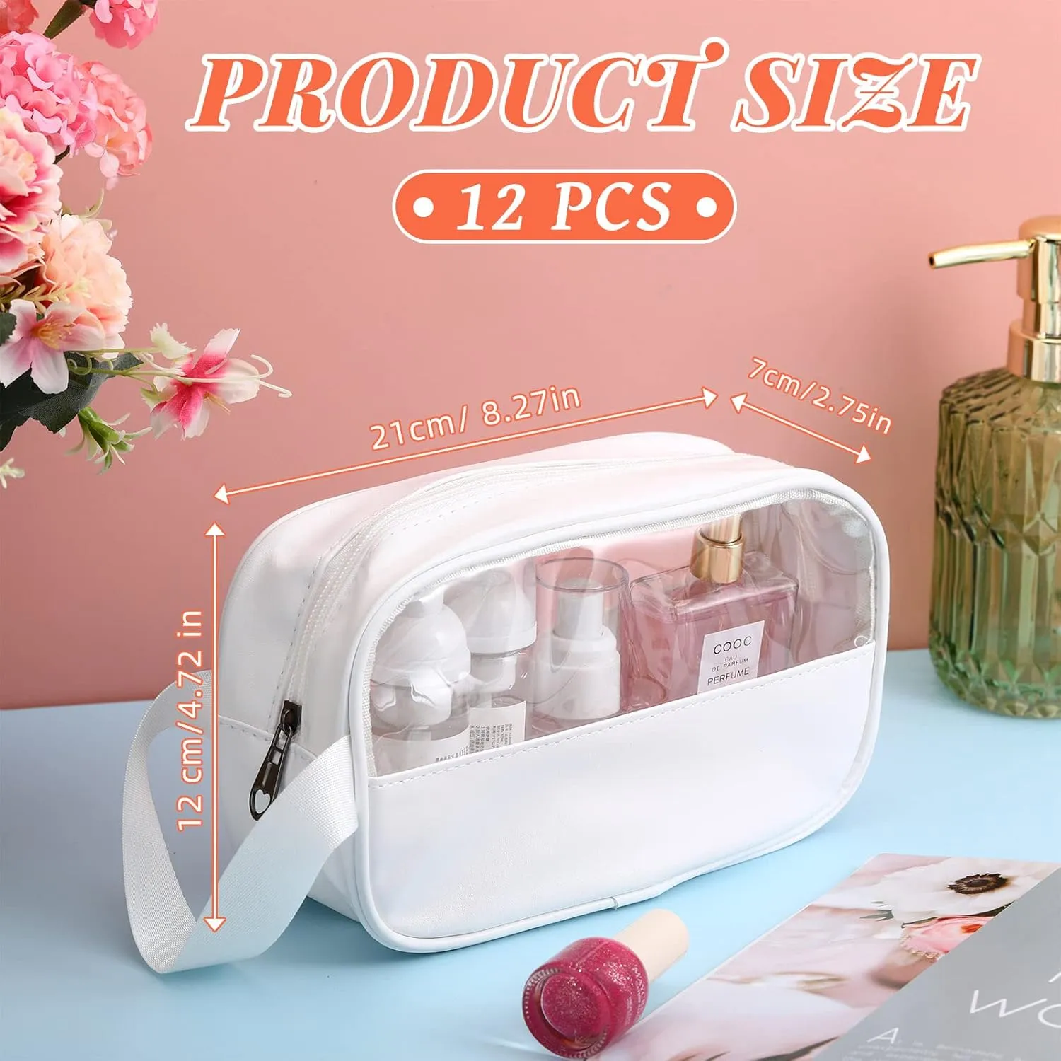 Buryeah 12 Pieces Toiletry Bag for Women Men Translucent Small Travel Makeup Pouch Portable Waterproof Organizer Set for Accessories Toiletries(White)