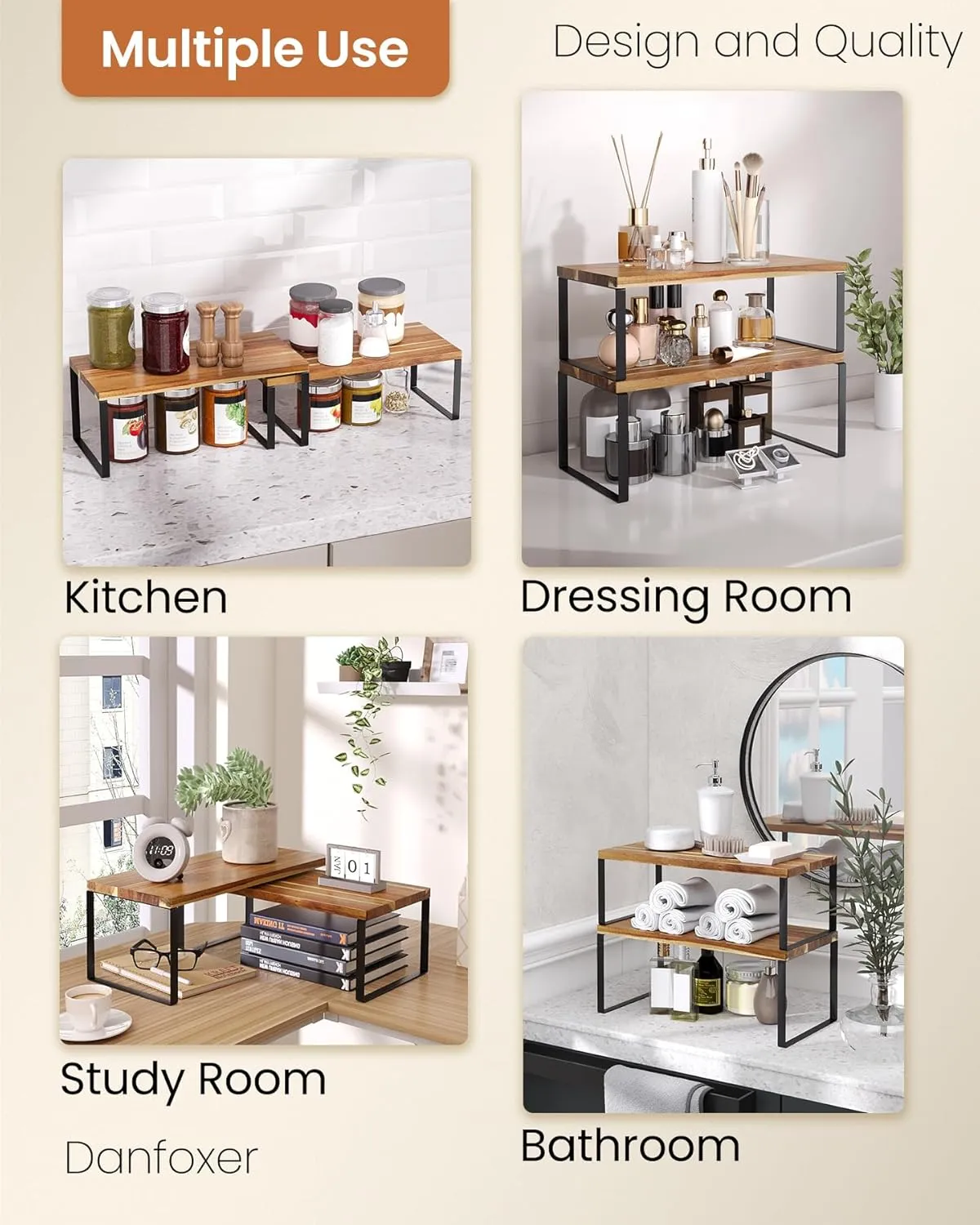 Cabinet Organizer Shelf Set of 2, Kitchen Counter Shelves,Acacia Wood Spice Rack for Countertop and Cabine Stackable and Expandable,Kitchen Organizer and Storage,Large(Natual)
