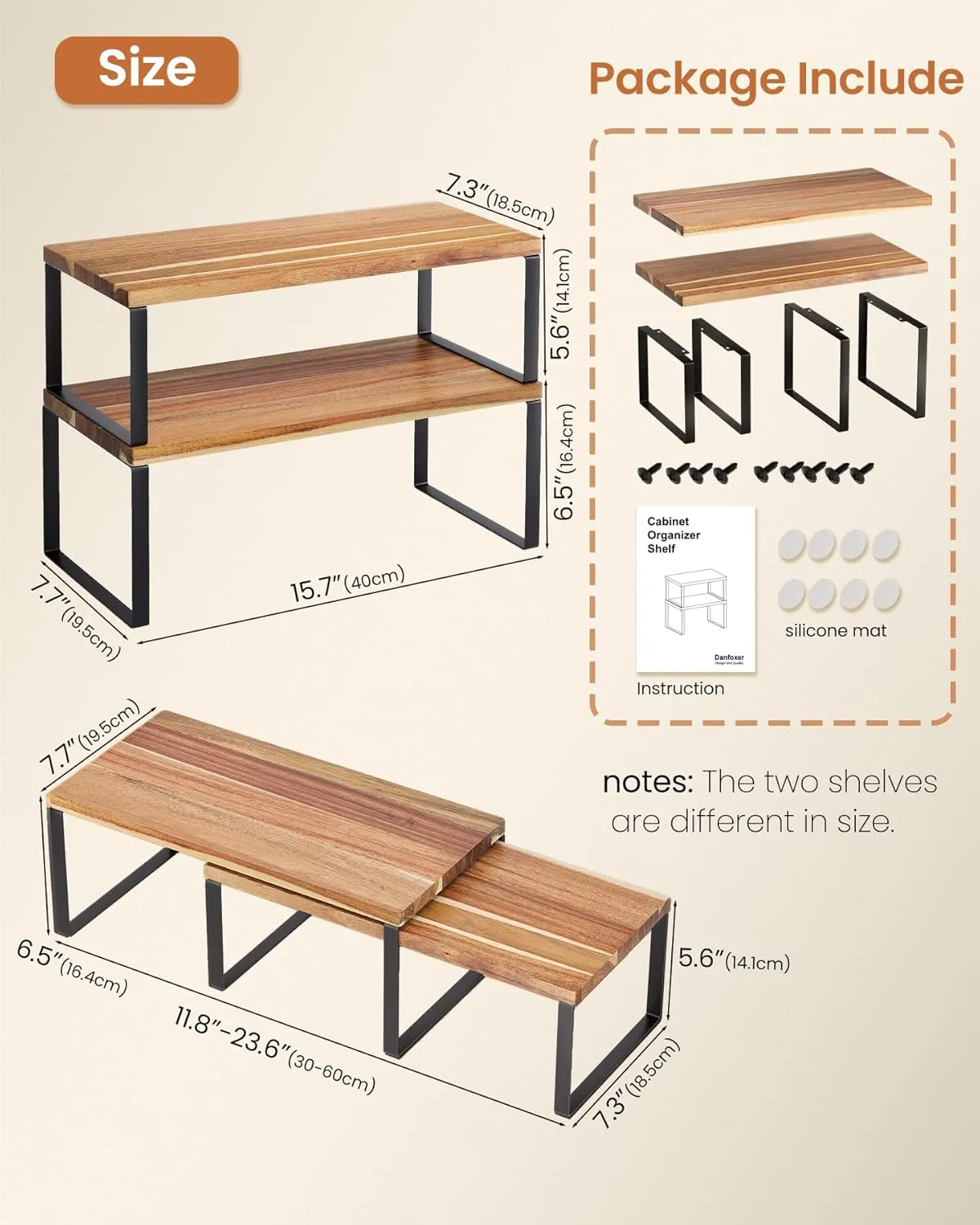 Cabinet Organizer Shelf Set of 2, Kitchen Counter Shelves,Acacia Wood Spice Rack for Countertop and Cabine Stackable and Expandable,Kitchen Organizer and Storage,Large(Natual)