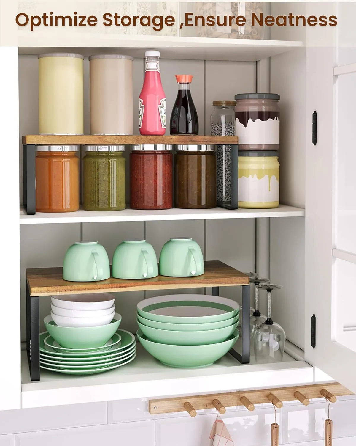 Cabinet Organizer Shelf Set of 2, Kitchen Counter Shelves,Acacia Wood Spice Rack for Countertop and Cabine Stackable and Expandable,Kitchen Organizer and Storage,Large(Natual)