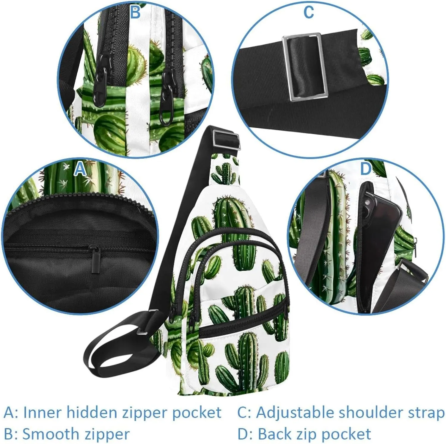 Cactus Plants (3) Sling Backpack, Adjustable Crossbody Shoulder Bag Travel Hiking Daypack