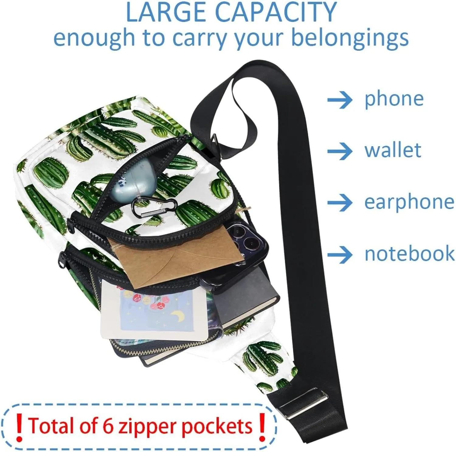 Cactus Plants (3) Sling Backpack, Adjustable Crossbody Shoulder Bag Travel Hiking Daypack