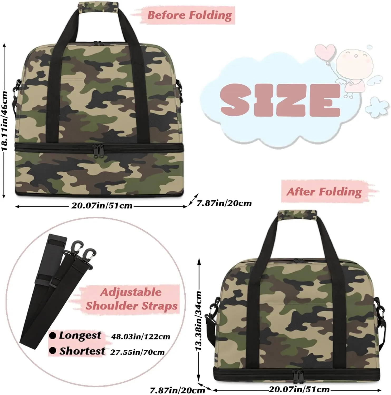 Camo Army Green Travel Duffel Bags for Women & Men Large Sports Gym Bags Foldie Weekender Overnight Bag Carry On Tote Bag With Shoe Compartment Personal Item Luggagefor Travel Sports Gym