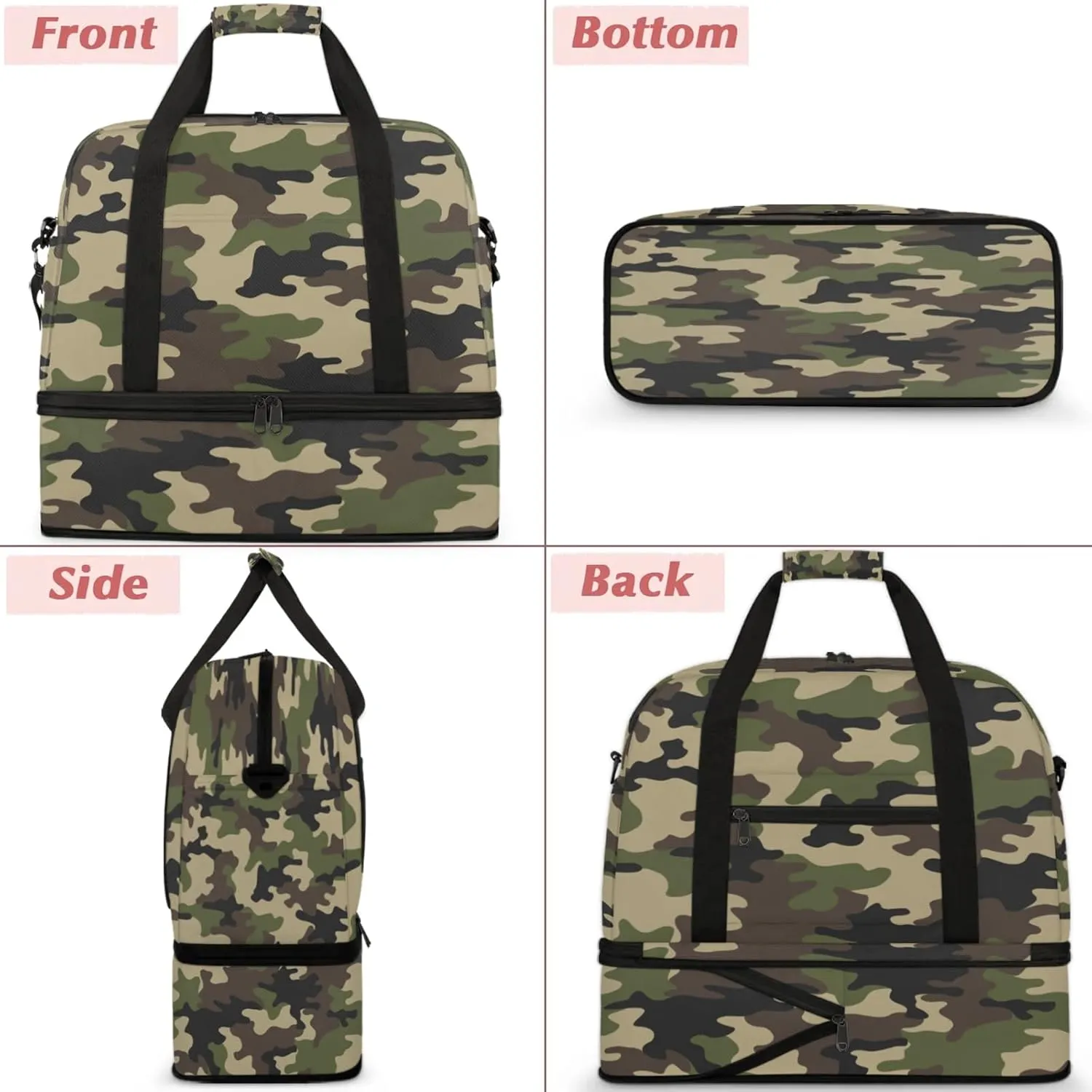 Camo Army Green Travel Duffel Bags for Women & Men Large Sports Gym Bags Foldie Weekender Overnight Bag Carry On Tote Bag With Shoe Compartment Personal Item Luggagefor Travel Sports Gym