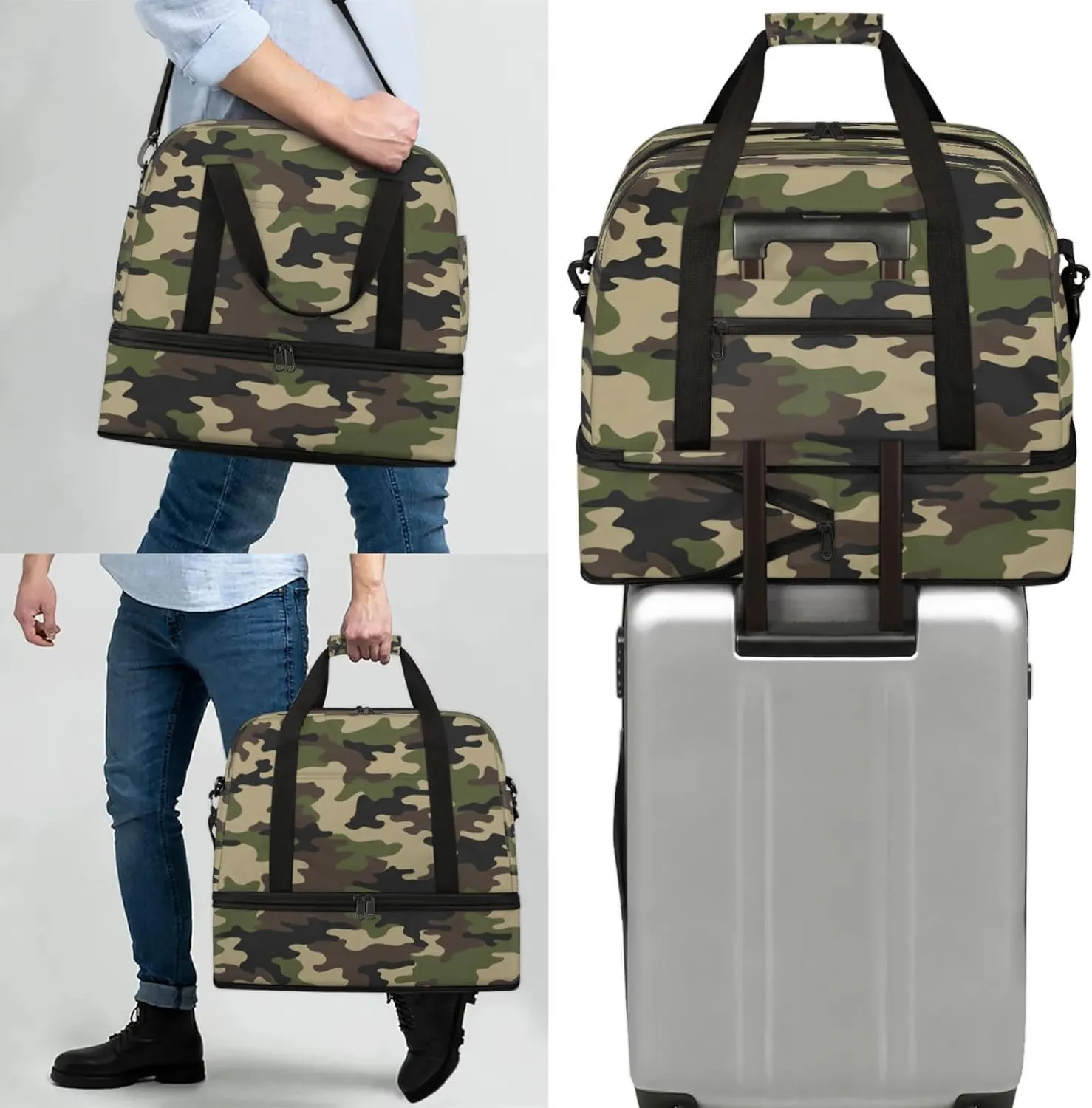 Camo Army Green Travel Duffel Bags for Women & Men Large Sports Gym Bags Foldie Weekender Overnight Bag Carry On Tote Bag With Shoe Compartment Personal Item Luggagefor Travel Sports Gym