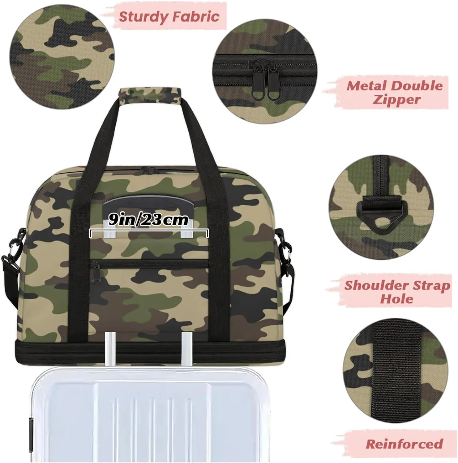 Camo Army Green Travel Duffel Bags for Women & Men Large Sports Gym Bags Foldie Weekender Overnight Bag Carry On Tote Bag With Shoe Compartment Personal Item Luggagefor Travel Sports Gym