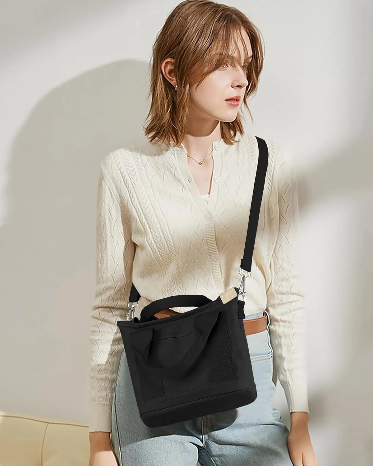 Canvas Tote Bag for Women Small Tote Bag with Zipper Crossbody Bag Shoulder Handbag Work Travel Tote with Compartments