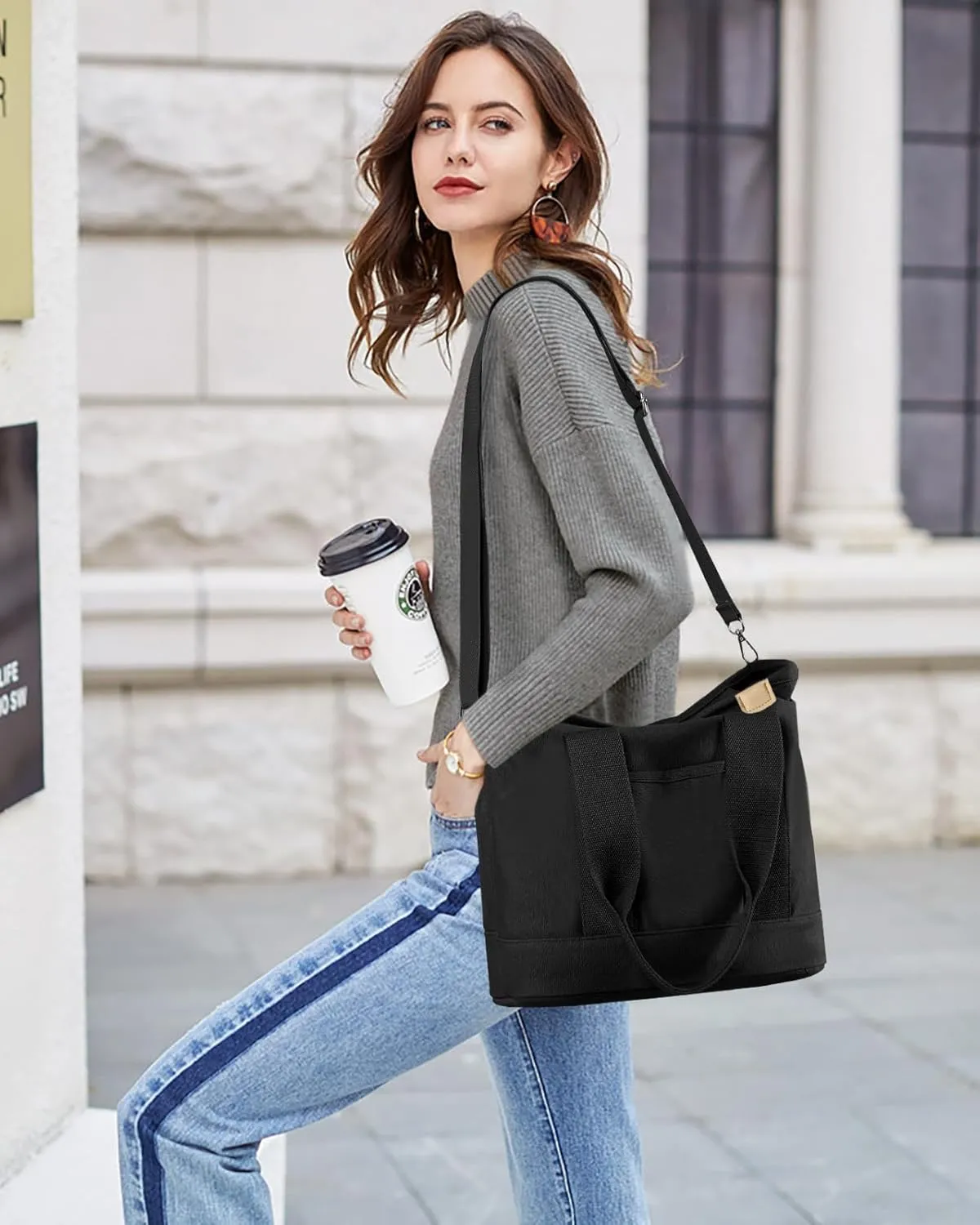 Canvas Tote Bag for Women Small Tote Bag with Zipper Crossbody Bag Shoulder Handbag Work Travel Tote with Compartments