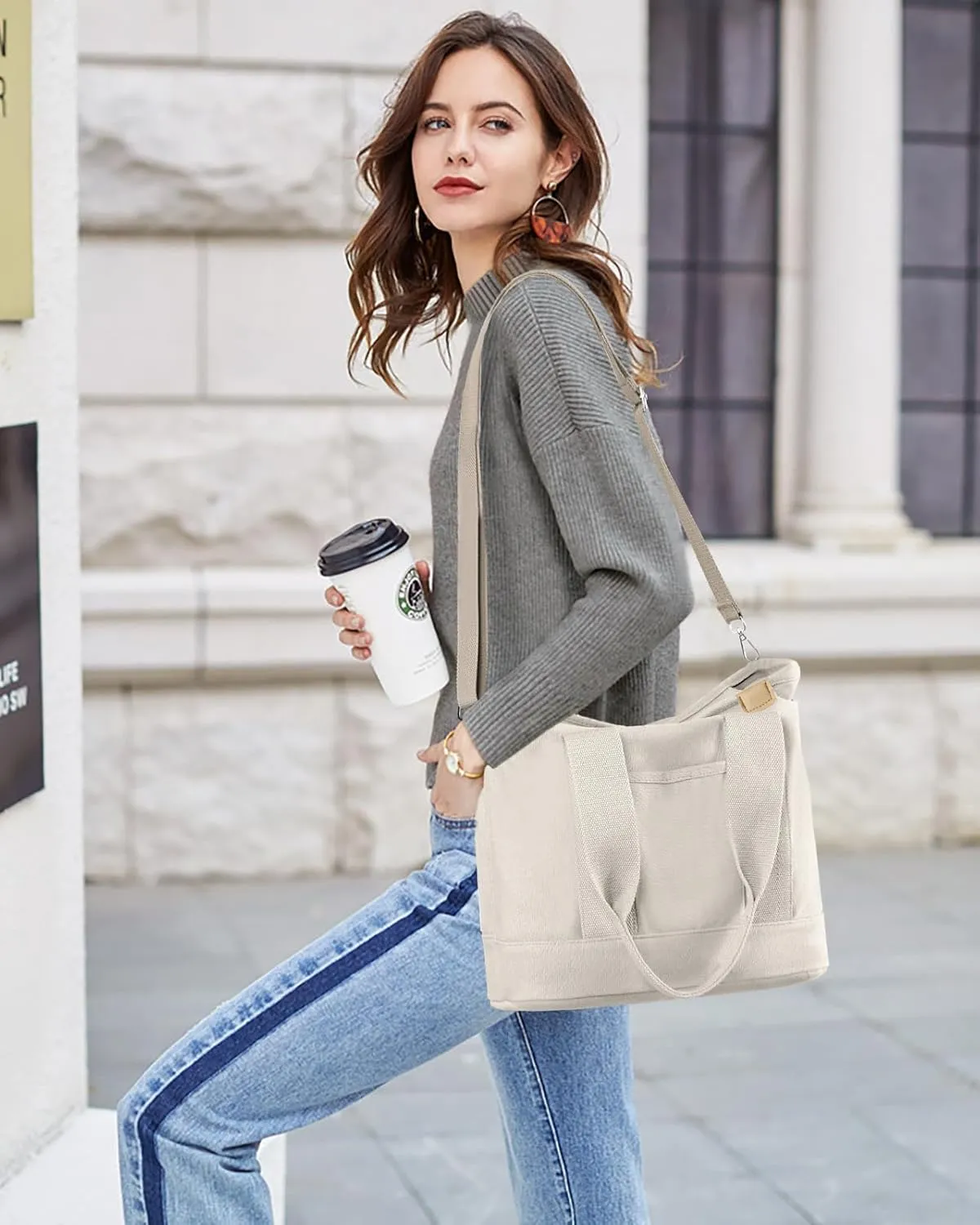 Canvas Tote Bag for Women Small Tote Bag with Zipper Crossbody Bag Shoulder Handbag Work Travel Tote with Compartments