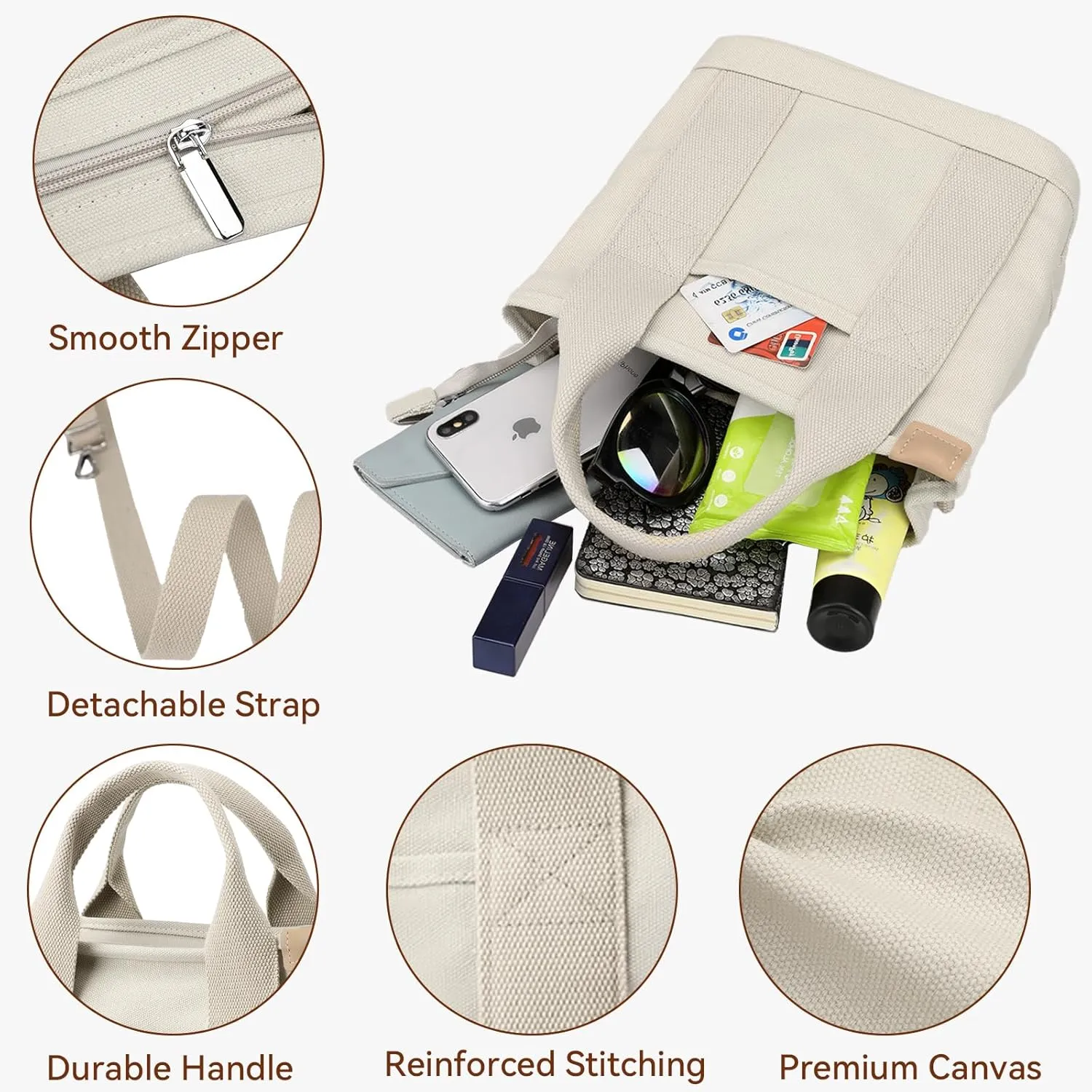 Canvas Tote Bag for Women Small Tote Bag with Zipper Crossbody Bag Shoulder Handbag Work Travel Tote with Compartments