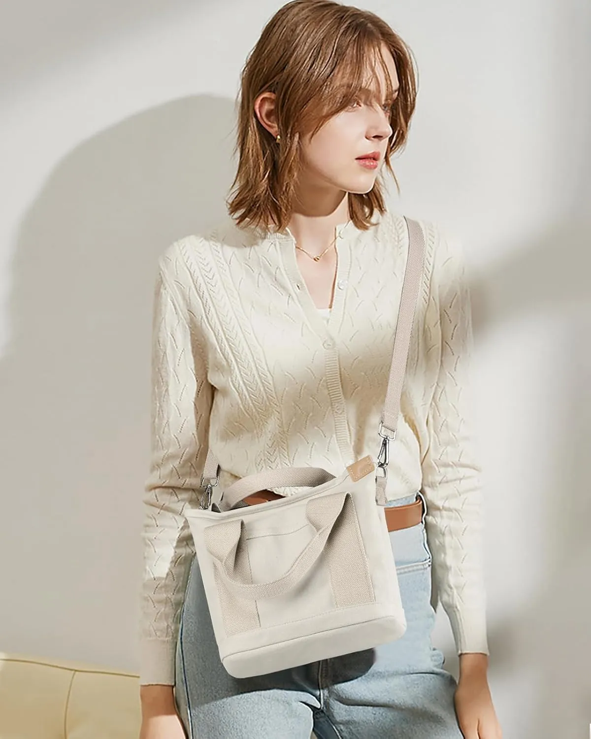 Canvas Tote Bag for Women Small Tote Bag with Zipper Crossbody Bag Shoulder Handbag Work Travel Tote with Compartments