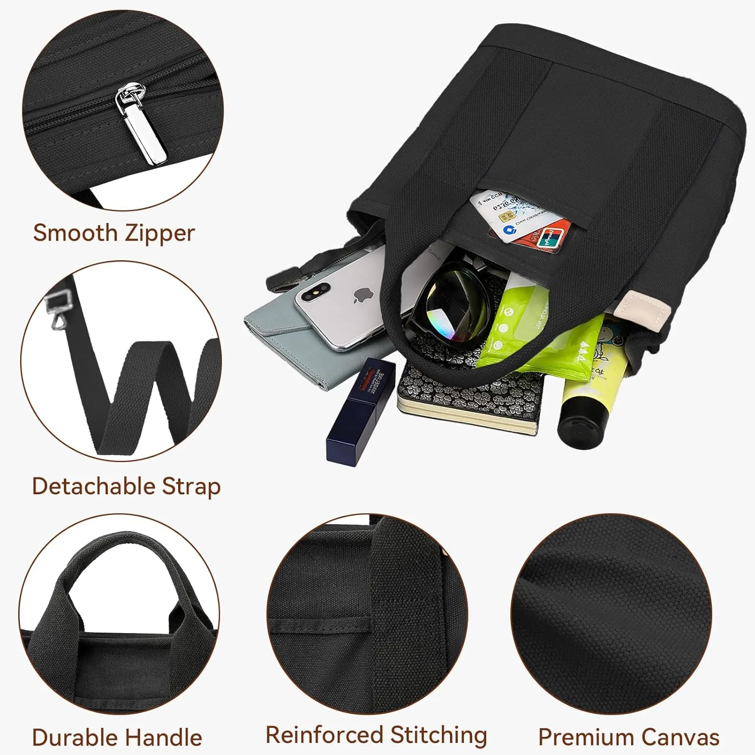 Canvas Tote Bag for Women Small Tote Bag with Zipper Crossbody Bag Shoulder Handbag Work Travel Tote with Compartments