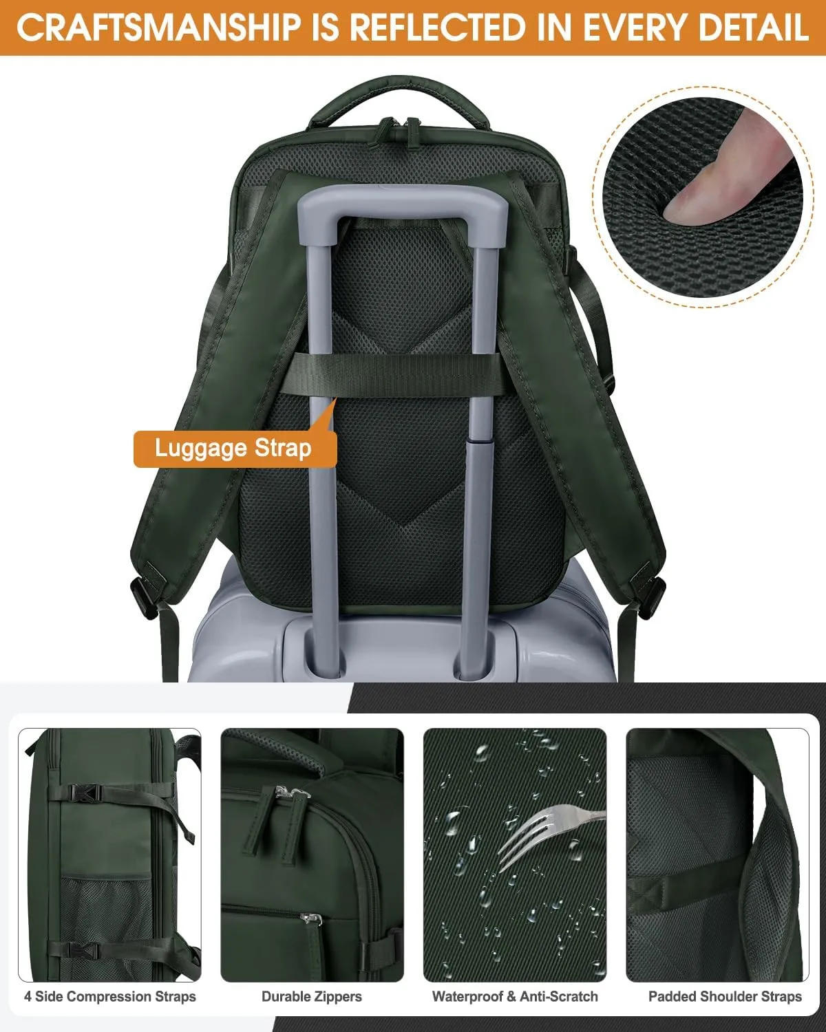 Capolo Travel Backpack for Women Men Waterproof Laptop Backpack Airlines Approved Carry On Backpack Bag Computer Bookbag for Business, Work, Traveling Fits 15.6 Inch Laptop(Green)