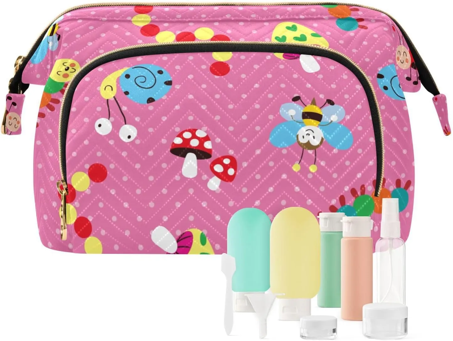 Cartoon Caterpillar Ladybug Butterfly Travel Makeup Bag Wide Open Cosmetic Bag for Women Make Up Organizer Pouch