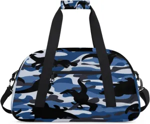Cartoon Dinosaurs Gym Duffel Bag for Men Women Camouflage Blue Sports Tote Bag with Adjustable Shoulder Strap for Dance Gymnastics Traveling Outdoor Camping Overnight Stay