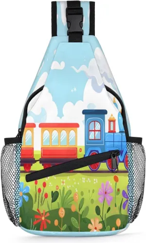 Cartoon Train Lawn Flower Sling Backpack for Women Men Waterproof Antitheft Chest Bag Lightweight Travel Crossbody Shoulder Bag for Shopping Outdoor Leisure Sports Mountaineering Riding