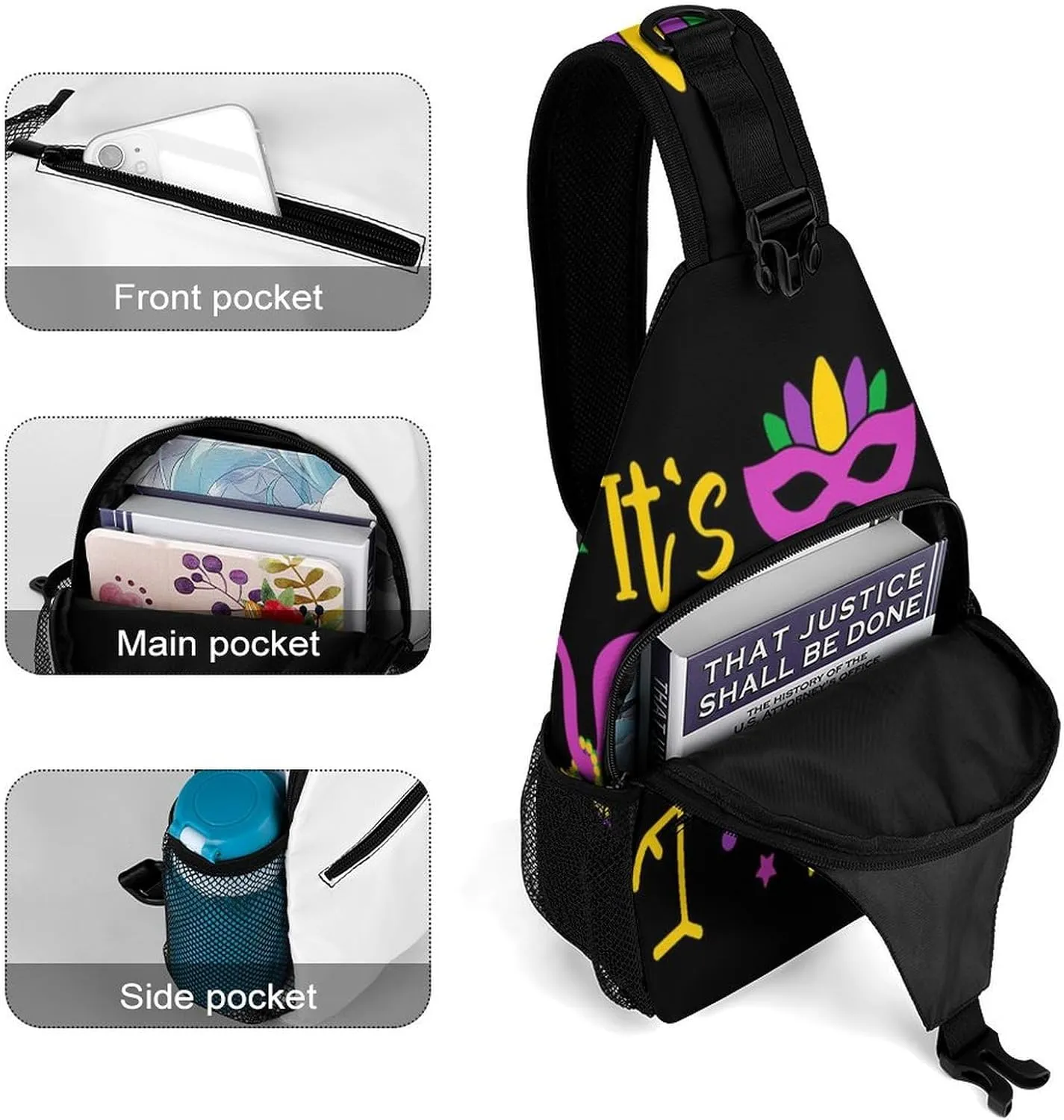 Casual Sling Bag Backpack, Rope Bag, for Mardi Gras Pattern Shoulder Chest Crossbody Bag, Carry On Bag, Ipad Casual Carrying Tote Case Crossbody Travel Bag for Man/Women