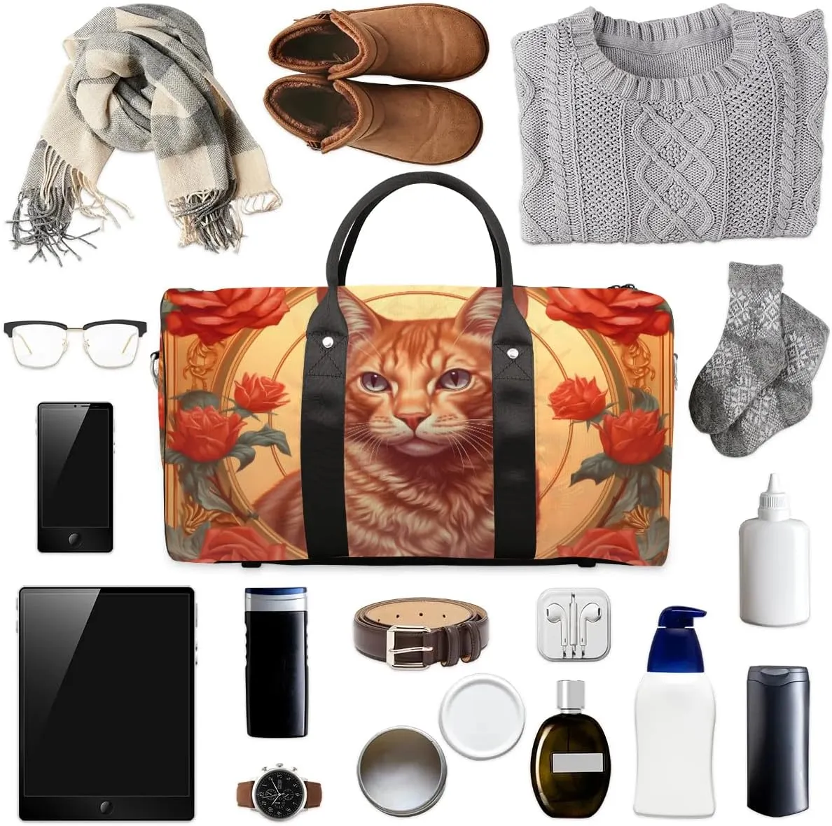 Cat Themed Travel Duffel Bag for Women Men Waterproof Foldable Overnight Weekender Bag Large Capacity Sports Gym Bag