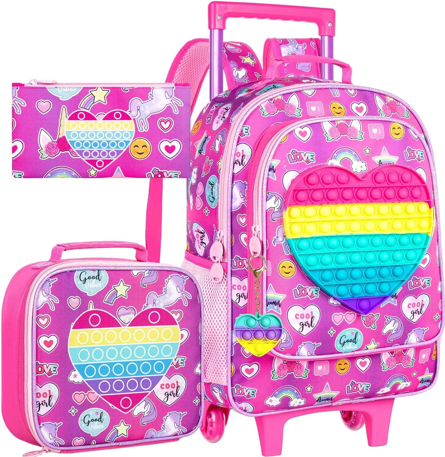 CCJPX 3PCS Kids Rolling Backpack for Girls, Unicorn Roller Wheeled Bookbag Toddler Elementary School Bag with Wheels Purple